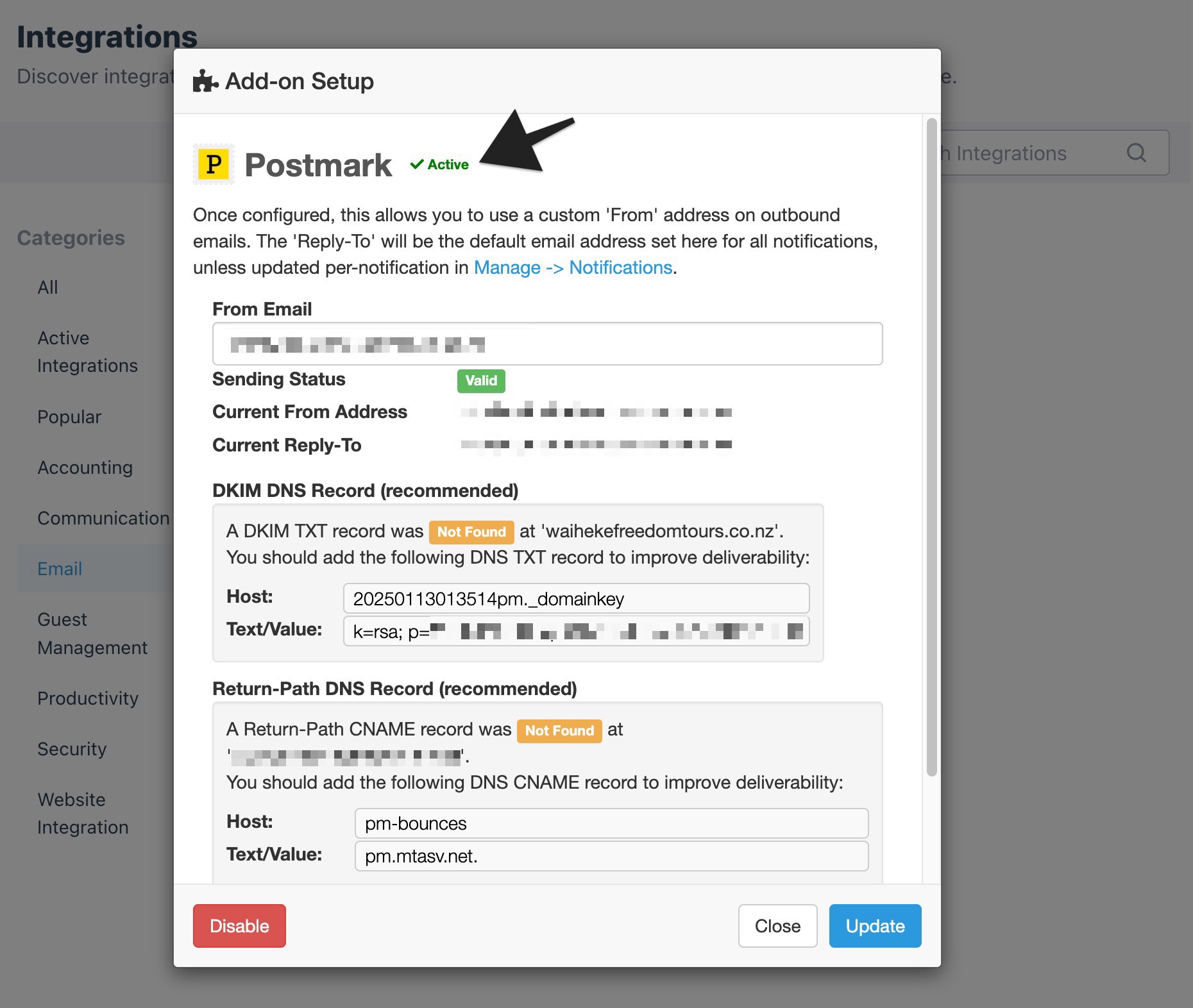 Postmark setup window with an arrow highlighting the ‘Active’ status indicator.