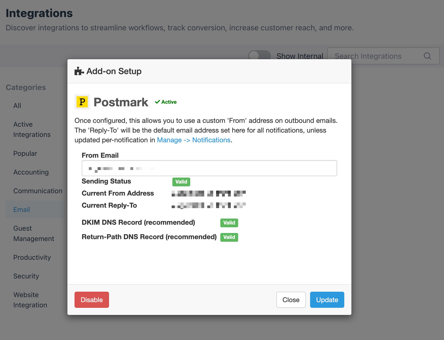 Postmark setup window showing an overview of a fully activated integration.