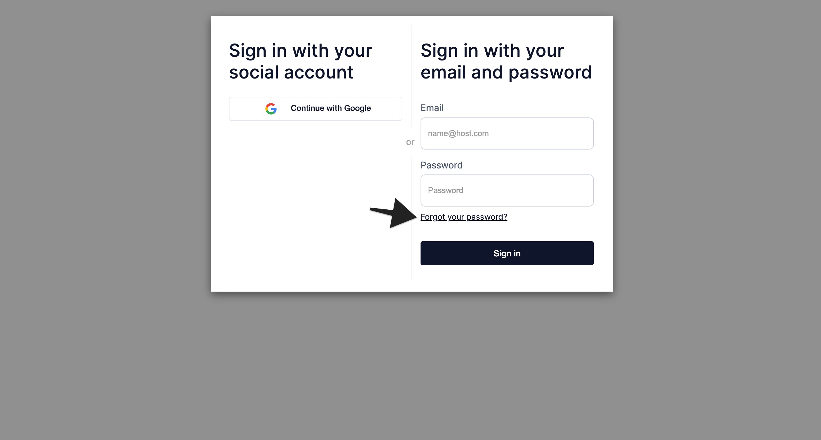 Login screen with fields for email and password, showing an arrow pointing to the “Forgot your password?” link below the password field.