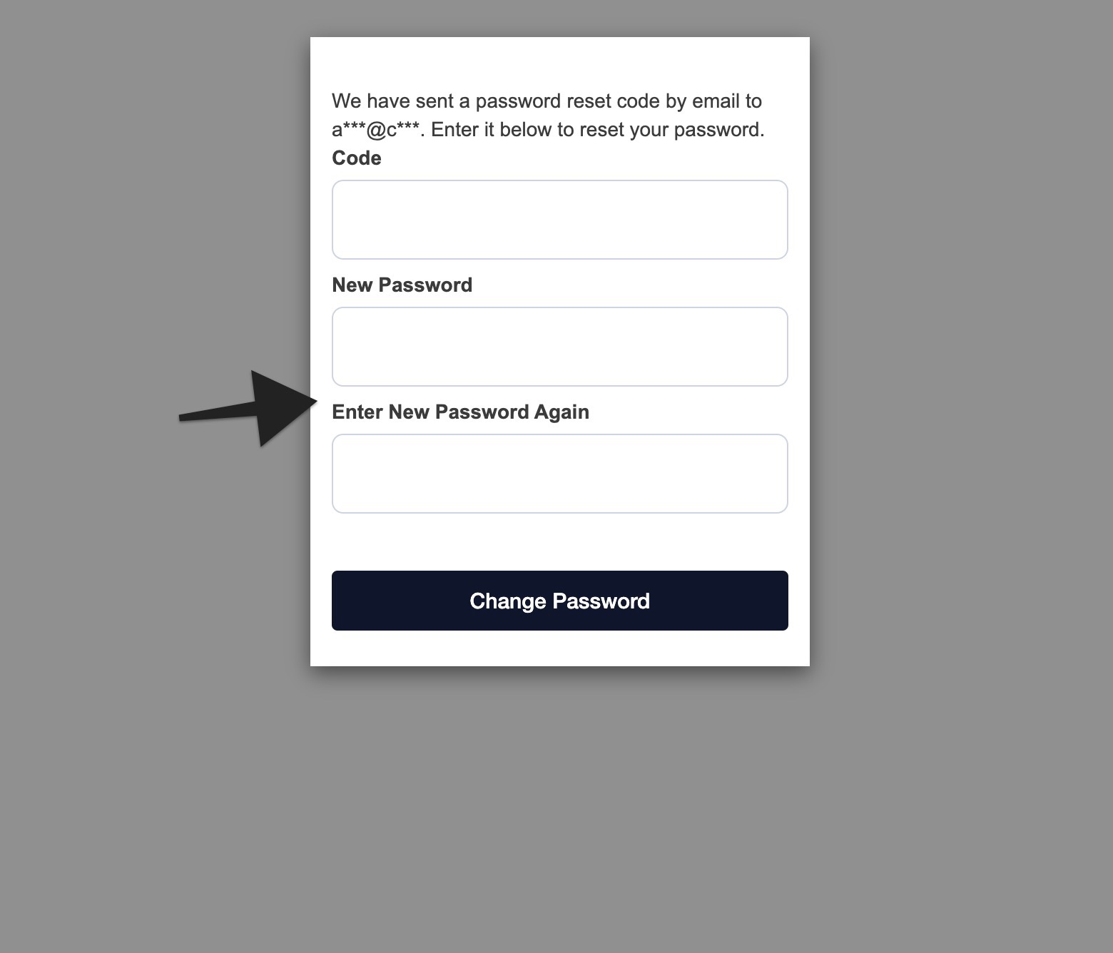 Password reset screen with arrow pointing to the 