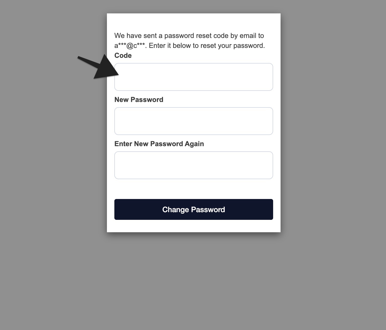 Password reset screen with arrow pointing to the 