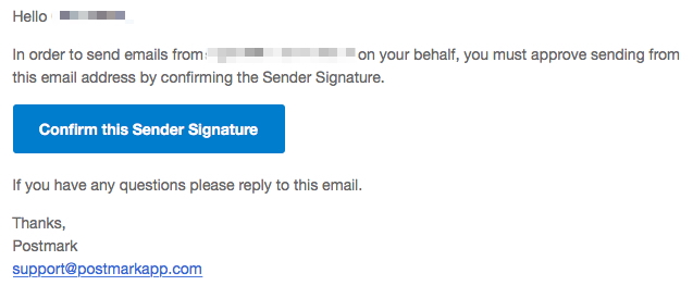 Postmark verification email showing the ‘Confirm this sender signature’ button link.
