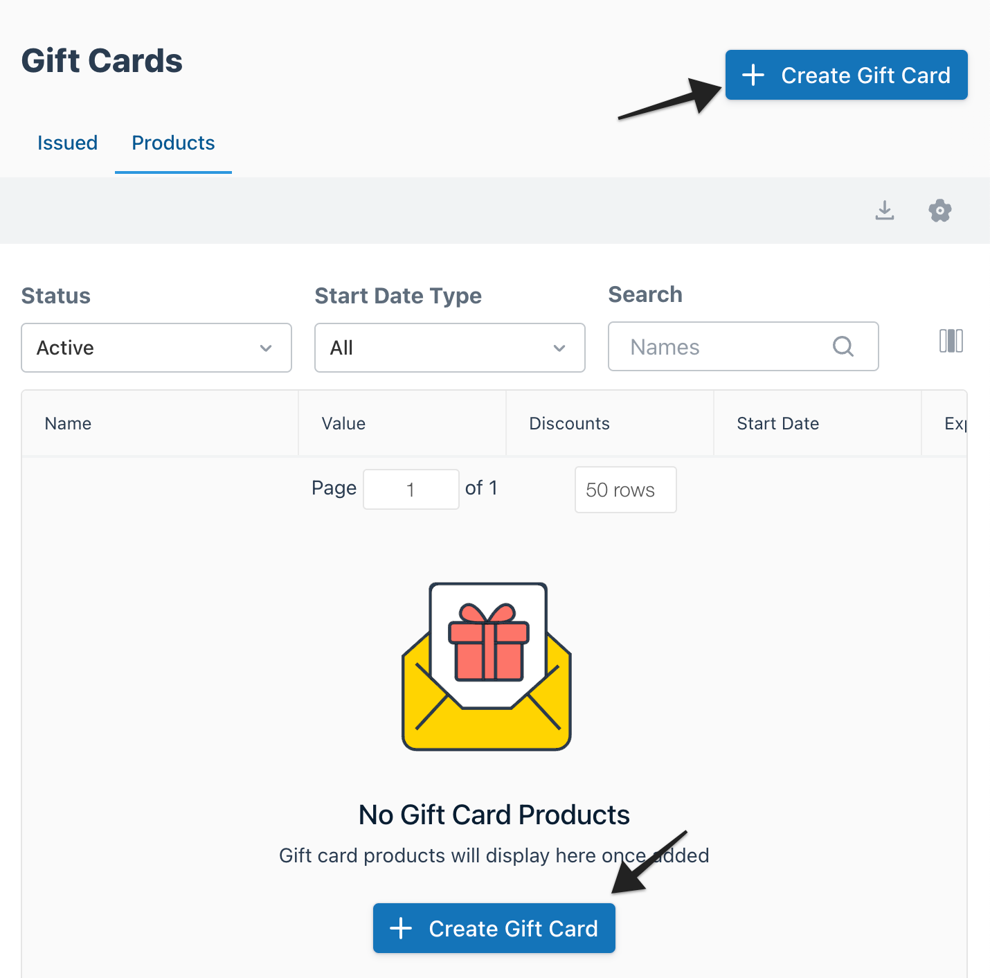 Gift cards page with 'Products' tab selected and arrow highlighting '+ Create Gift Card' button