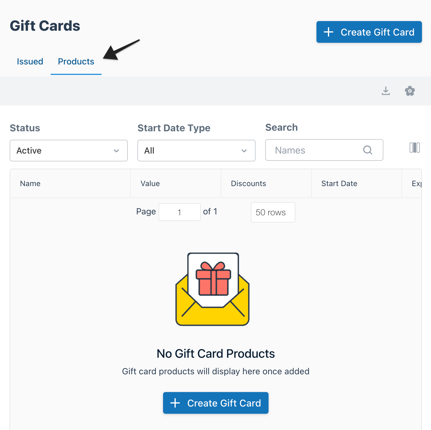 Gift cards page with arrow highlighting the ‘Products’ tab