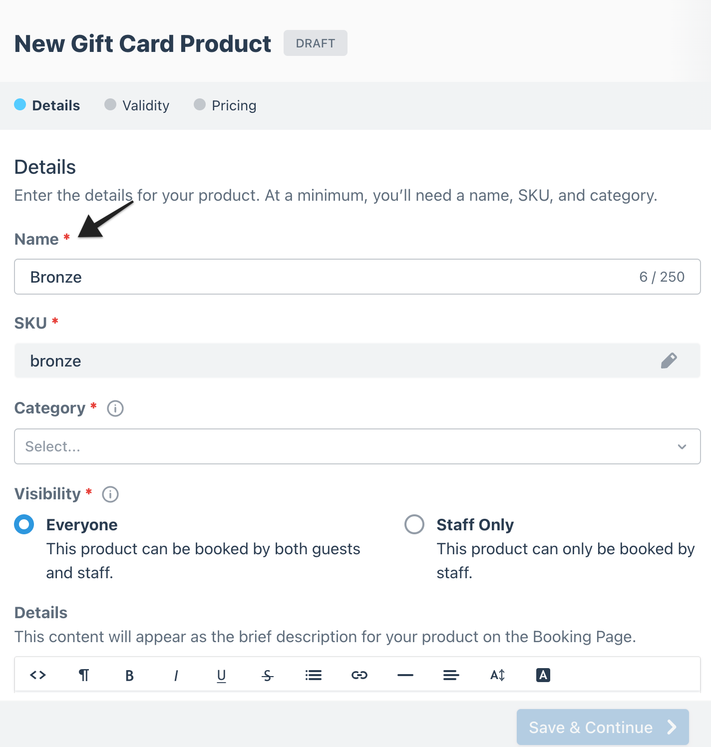 Gift card builder details page with arrow highlighting the ‘Name’ field.