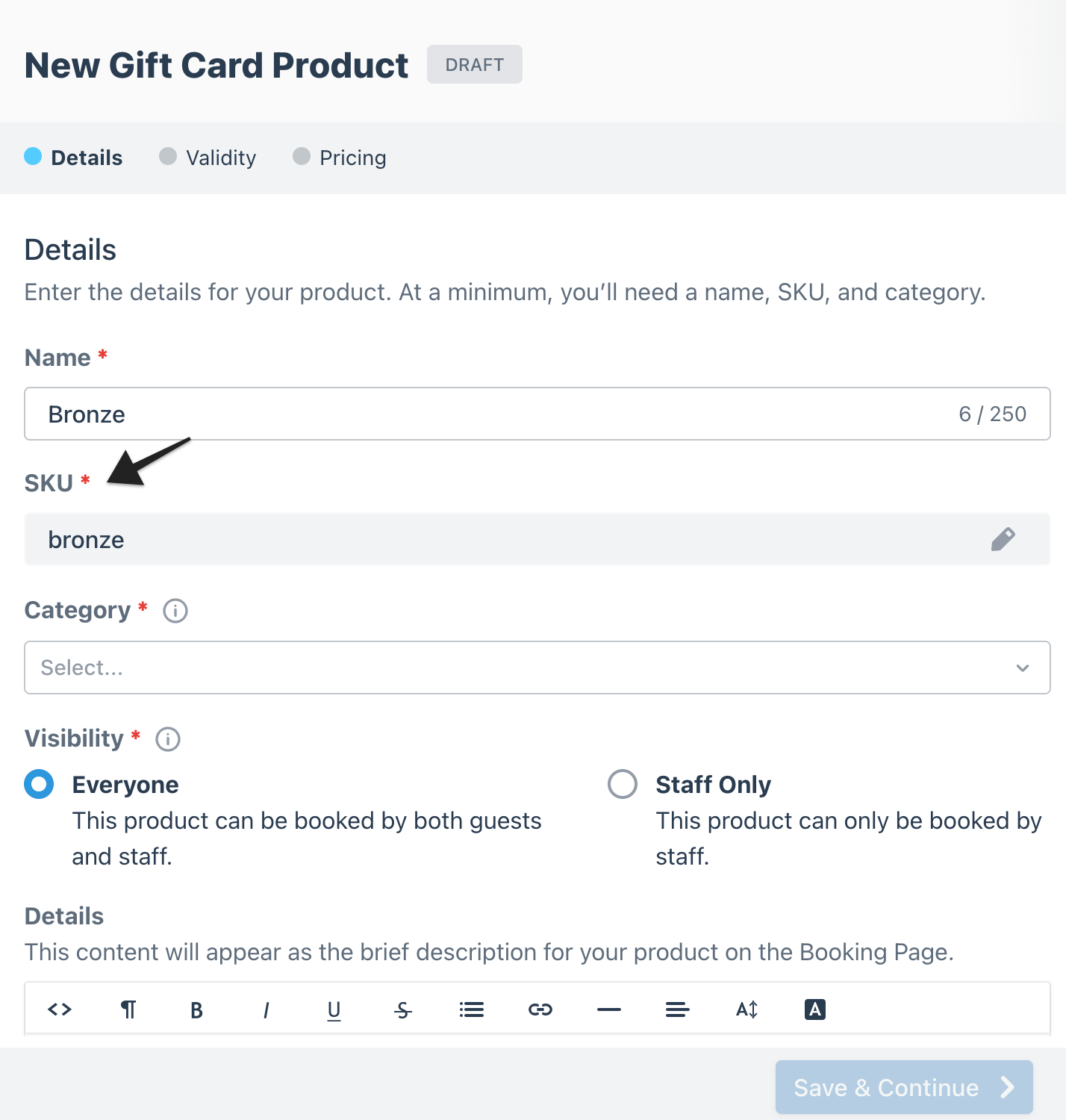 Gift card builder details page with an arrow pointing to the 'SKU' field, used to track or manage inventory.