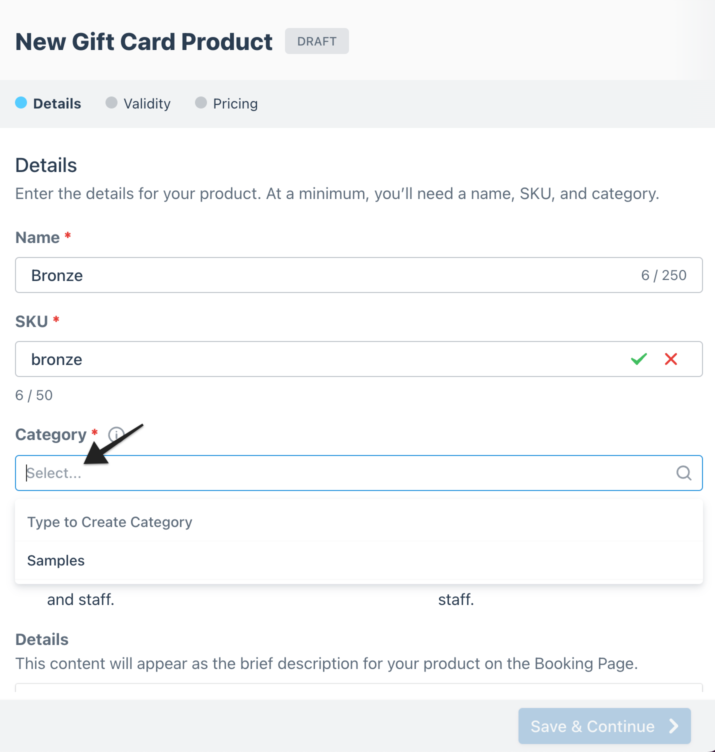 Gift card builder details page with arrow highlighting the ‘Category type' settings to select or type in a new category.