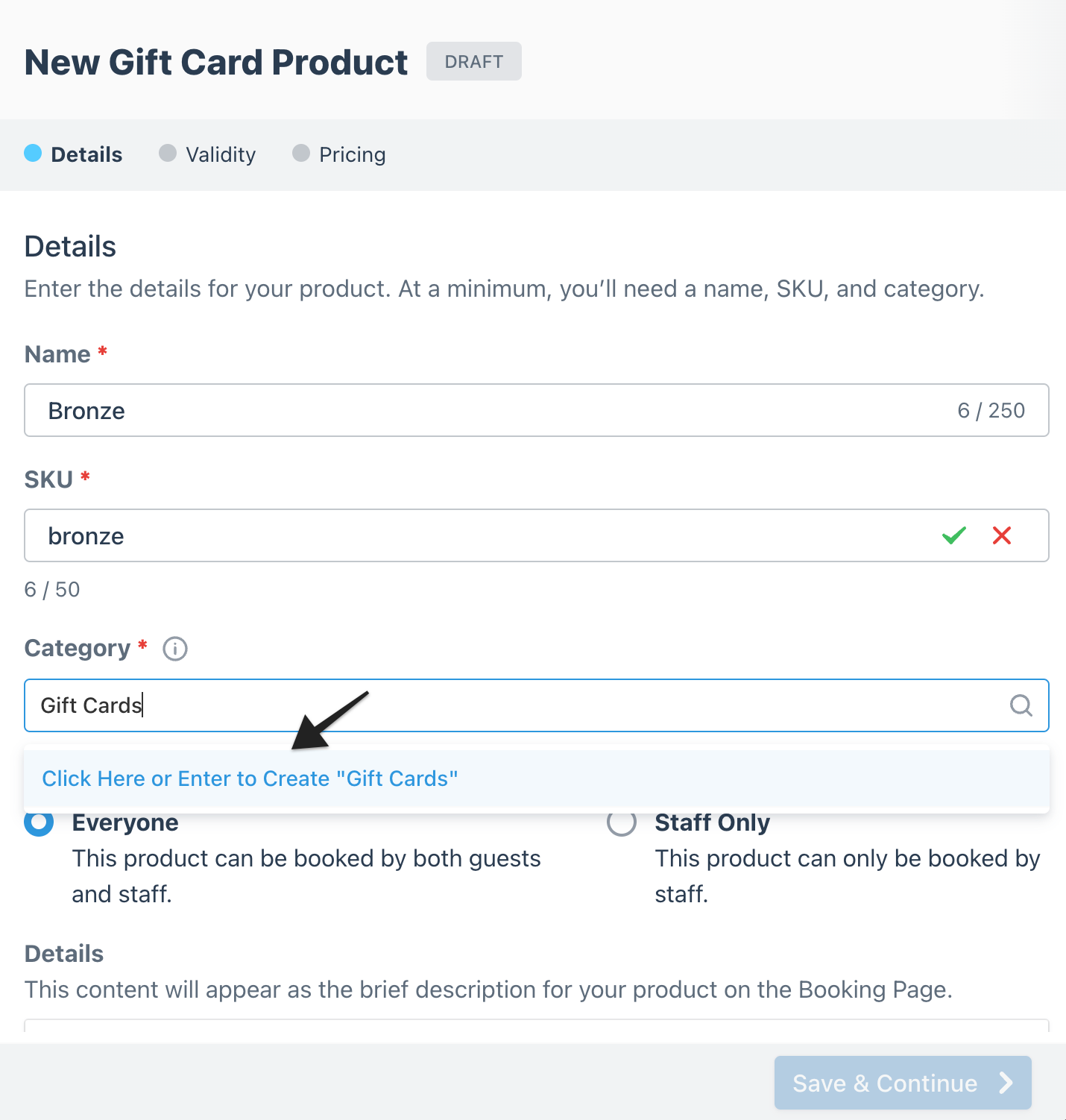 Gift card builder details page with arrow highlighting the option to enter your new category.