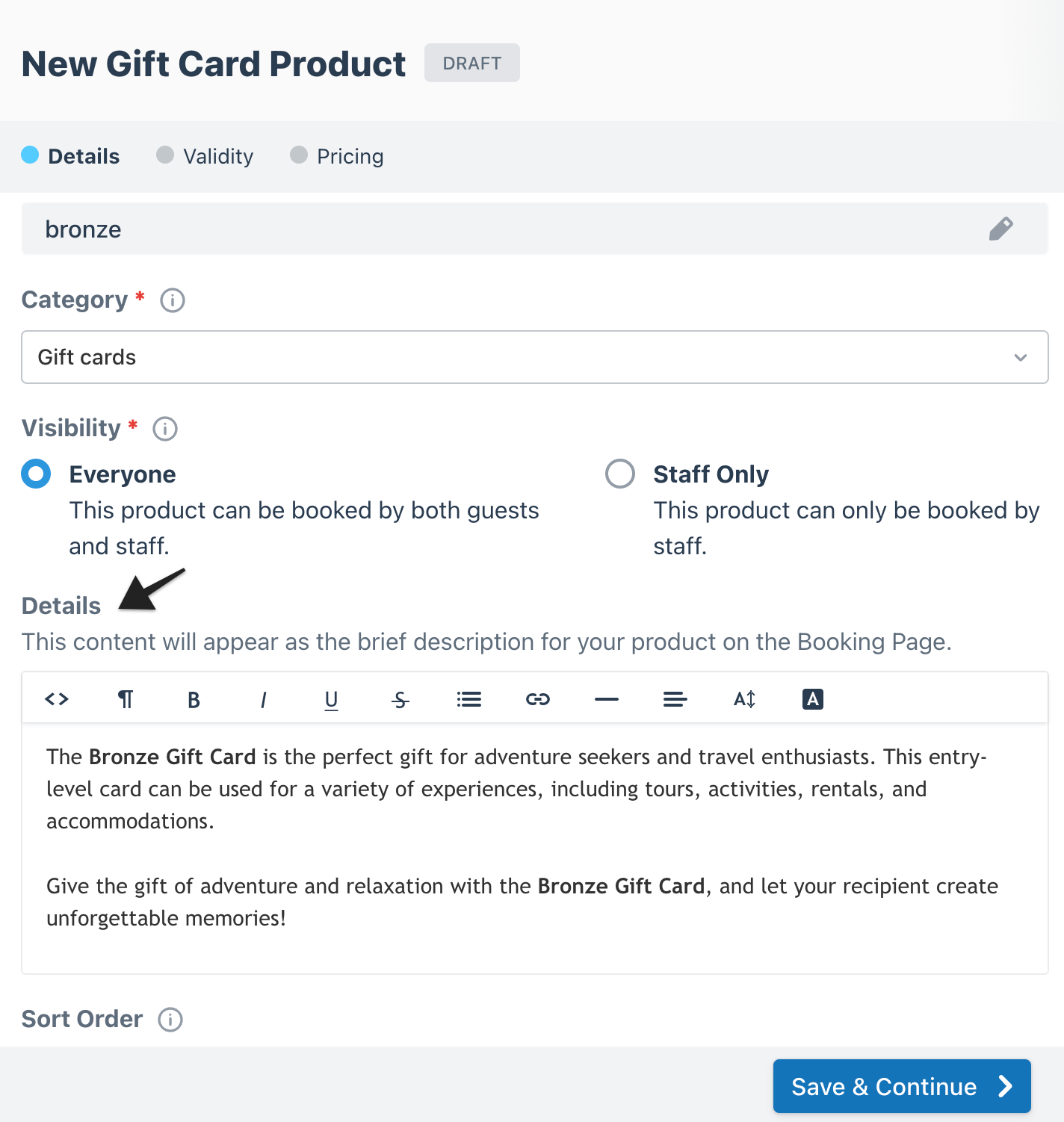 Gift card builder details page with an arrow highlighting the 'Details' text area field, which lets you add a brief description visible to customers on your booking page or widget.