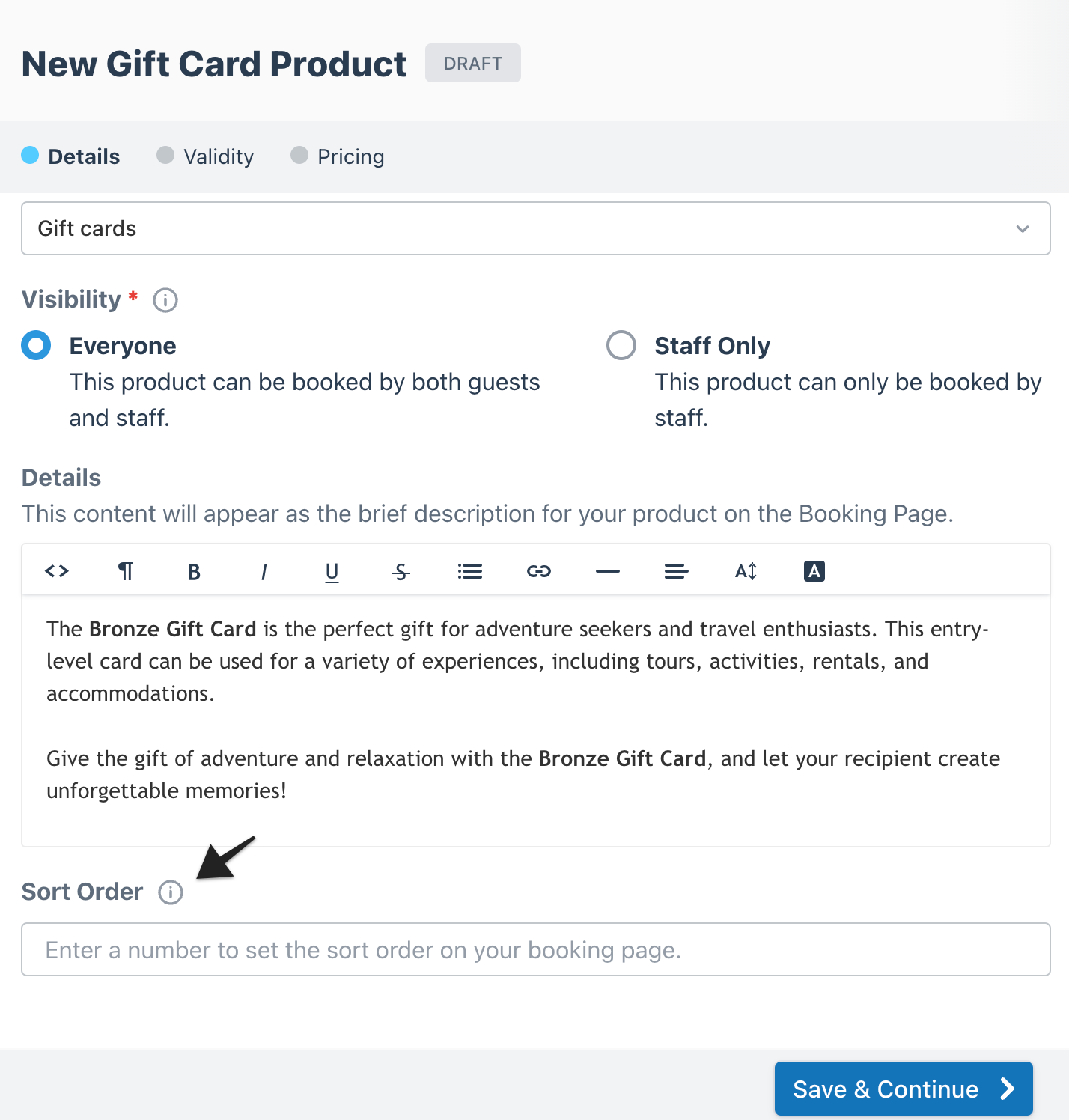 Gift card builder details page with an arrow highlighting the 'Sort order' setting, which lets you control where the gift card product appears on your booking page or widget.