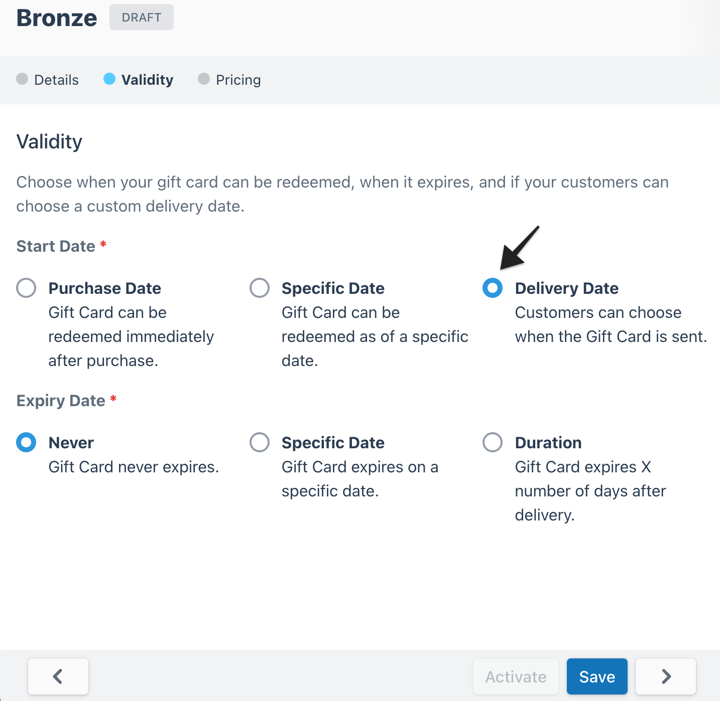 Gift card builder page with an annotation highlighting the 'Delivery Date' option under the 'Start Date' setting, which allows the user to specify the delivery date as the start date for the gift card.