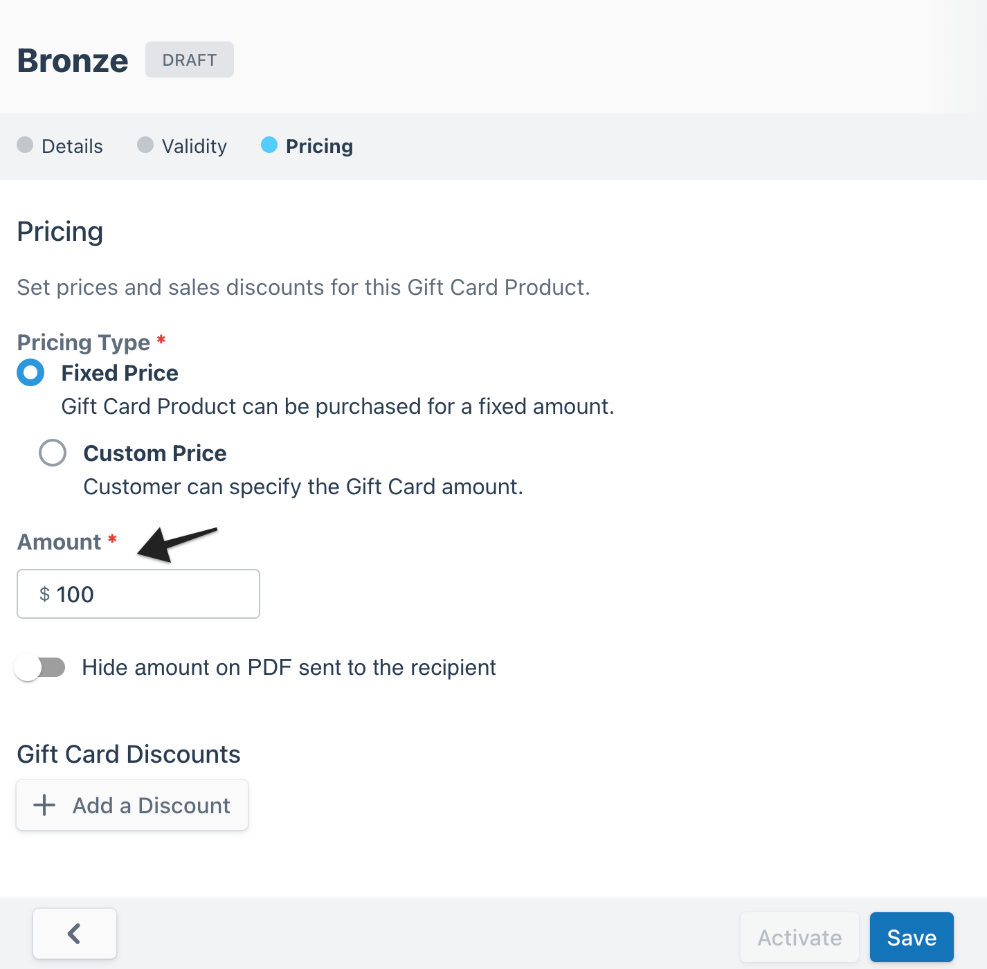 Gift card builder page with an annotation highlighting the ‘Fixed Price' option under 'Pricing Type’, used to set a fixed gift card amount.