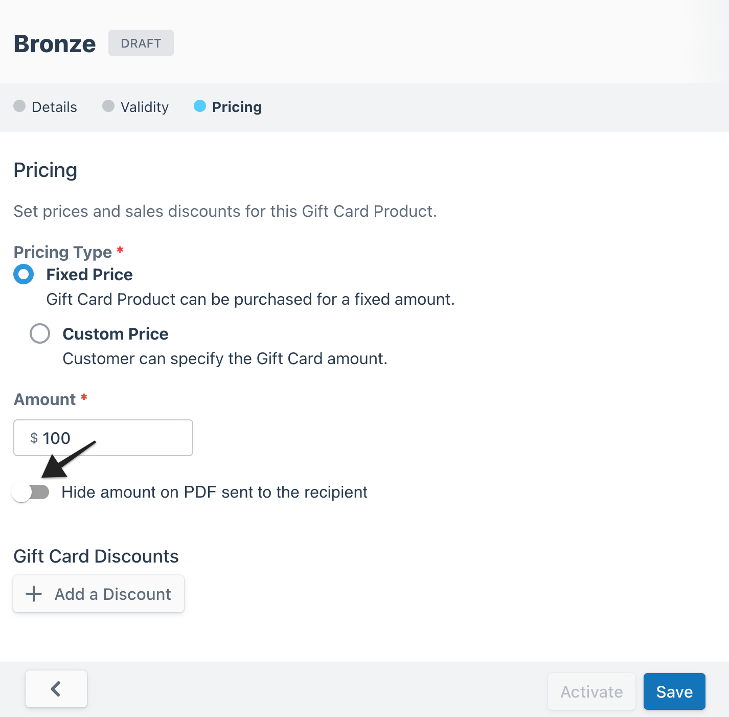 Gift card builder page with an annotation highlighting the ‘Hide amount on PDF sent to recipient’ setting, which hides the gift card value from the recipient.