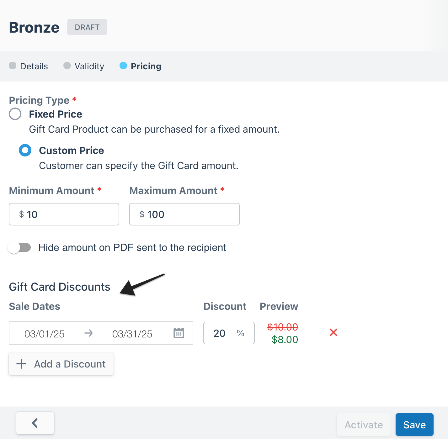 Gift card builder page with an annotation highlighting the 'Gift Card Discounts' section, where discounted rates can be set for select dates.