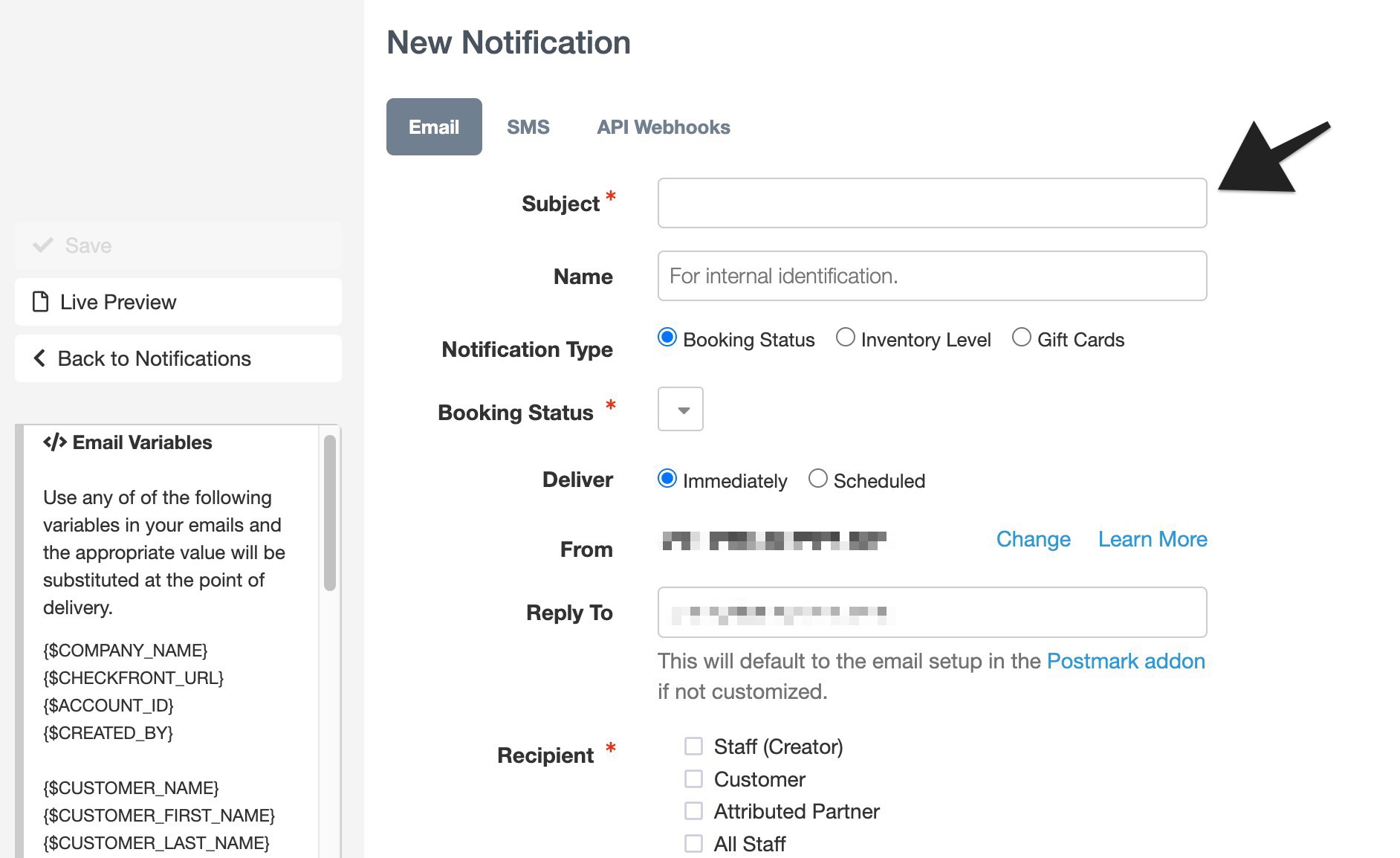 Gift card notification setup highlighting the Subject field for email notifications.