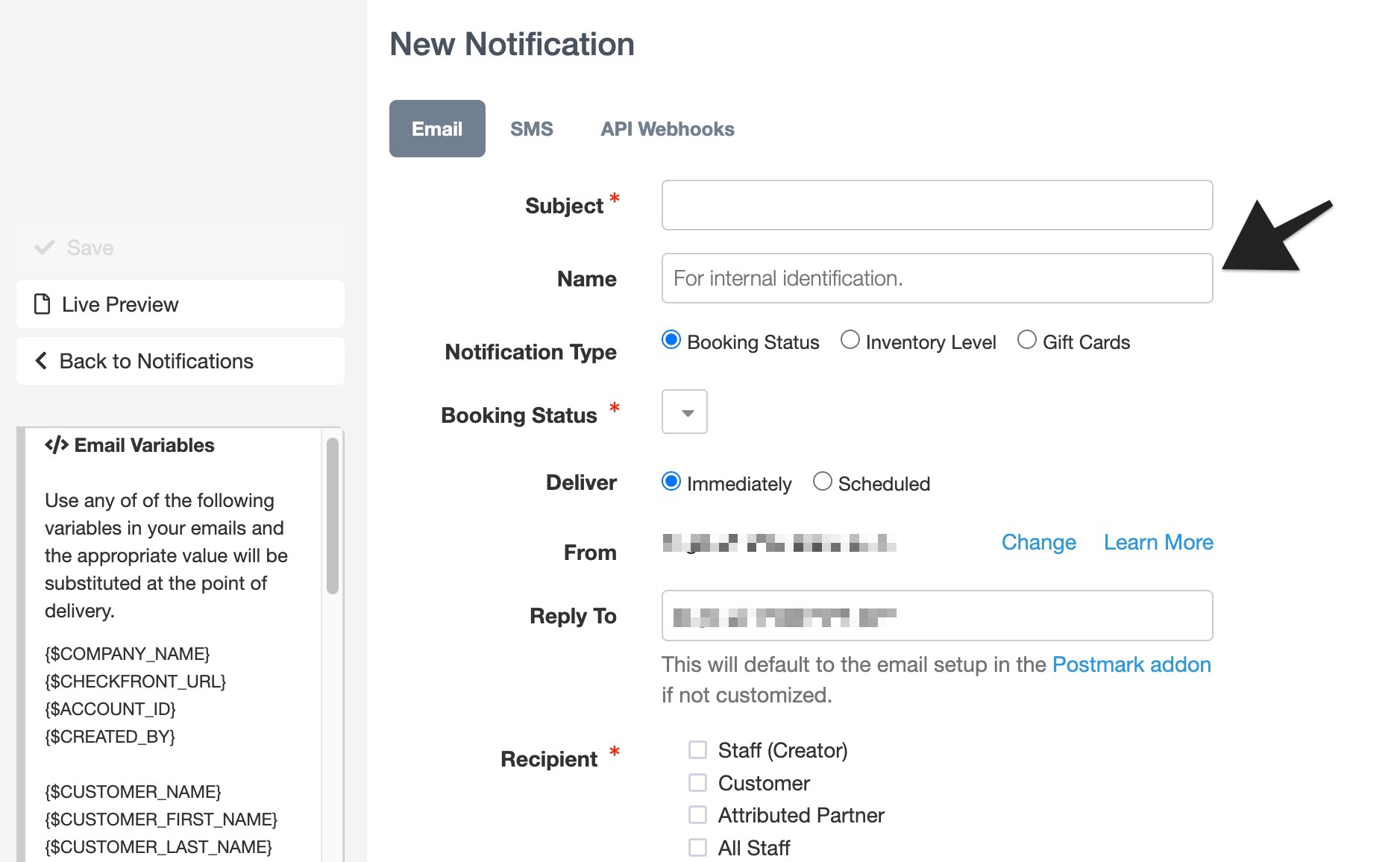 Gift card notification setup highlighting the Name field for internal identification.