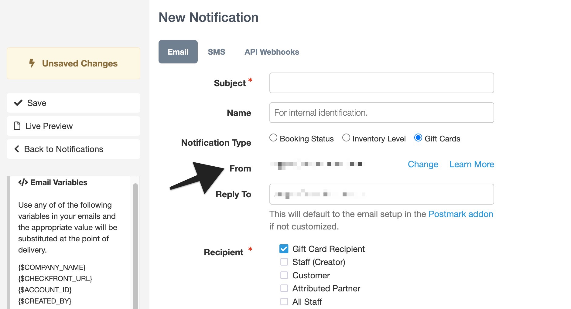 Gift card notification setup highlighting the From field for sender details.