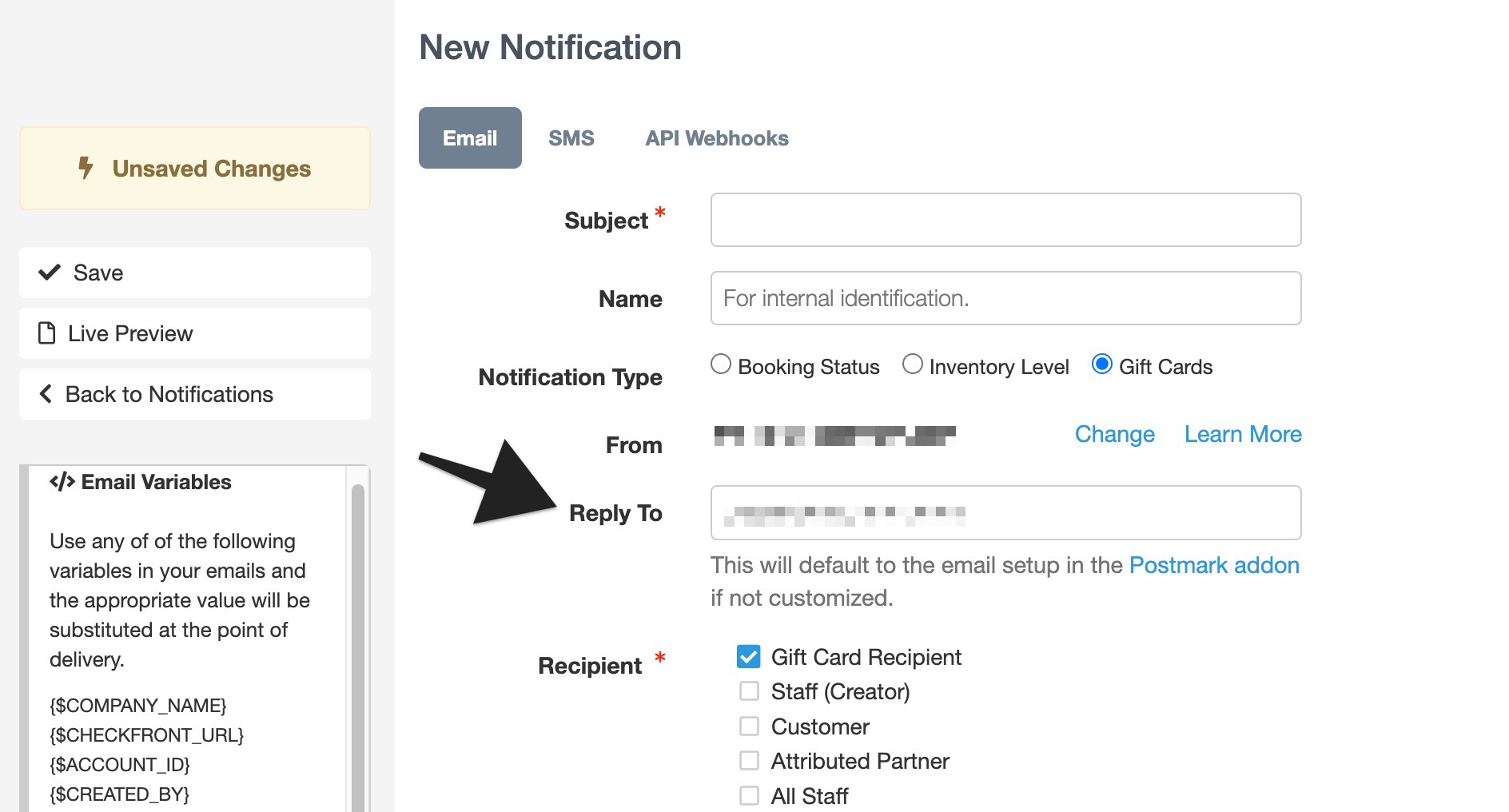 Gift card notification setup highlighting the Reply To field for email replies.