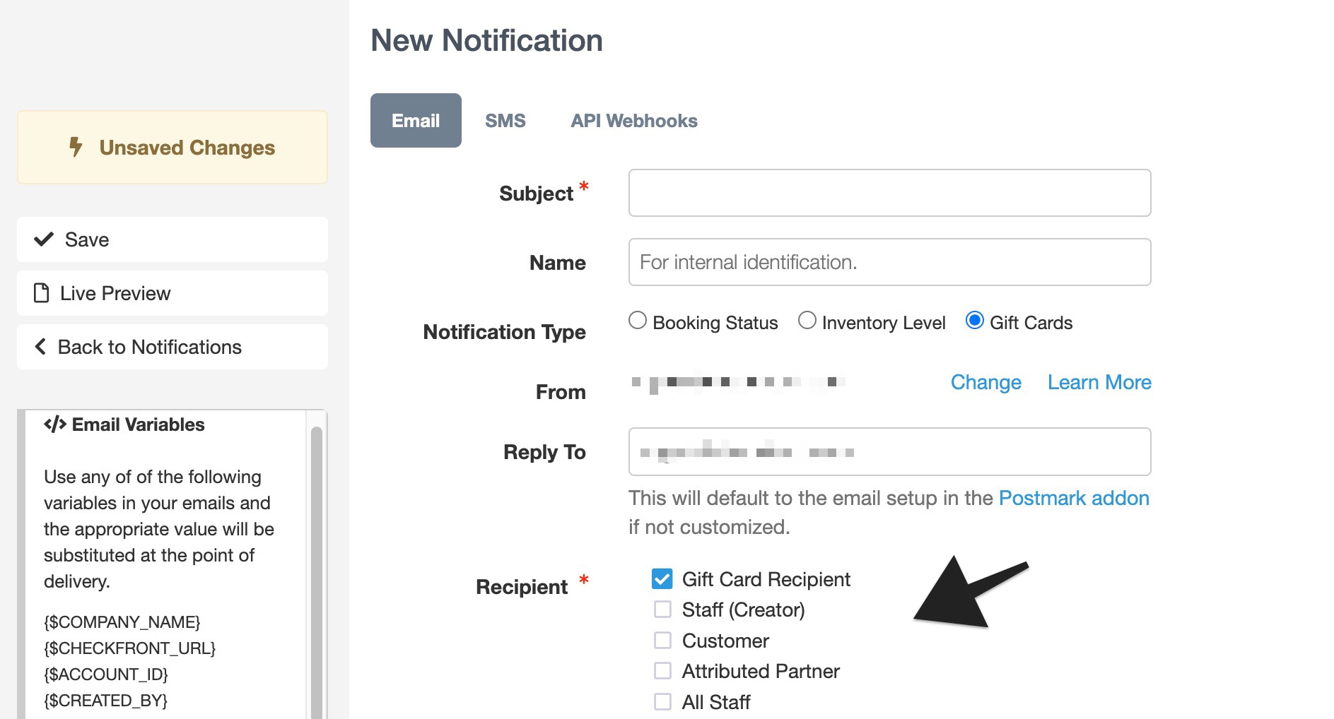 Gift card notification setup highlighting the Recipient section with Gift Card Recipient selected.