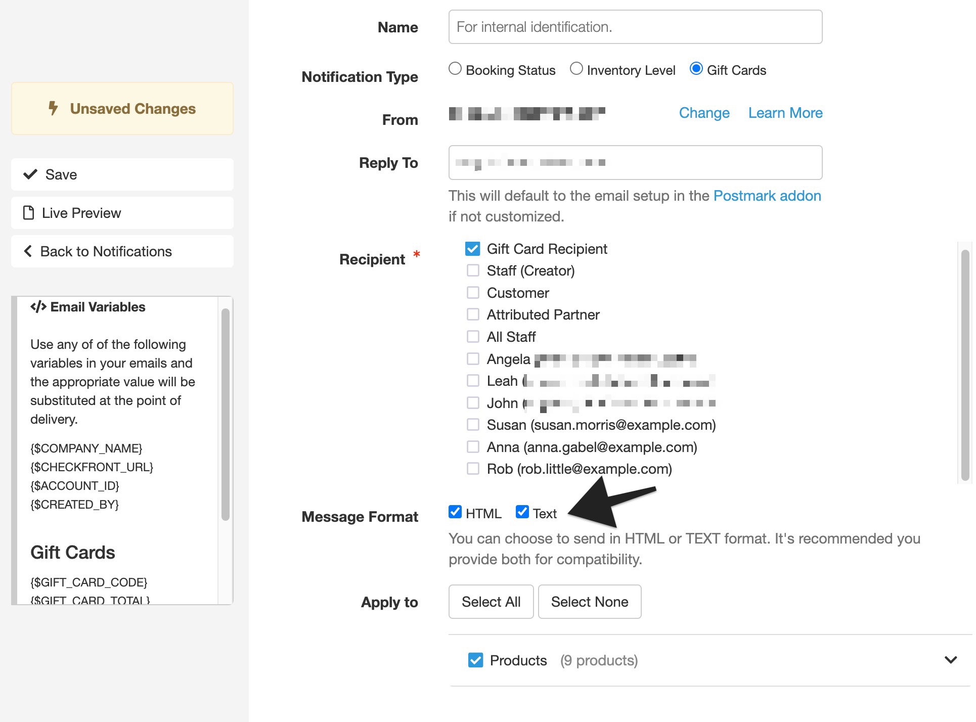 Gift card notification settings with recipient selection highlighted and HTML and Text message formats selected.
