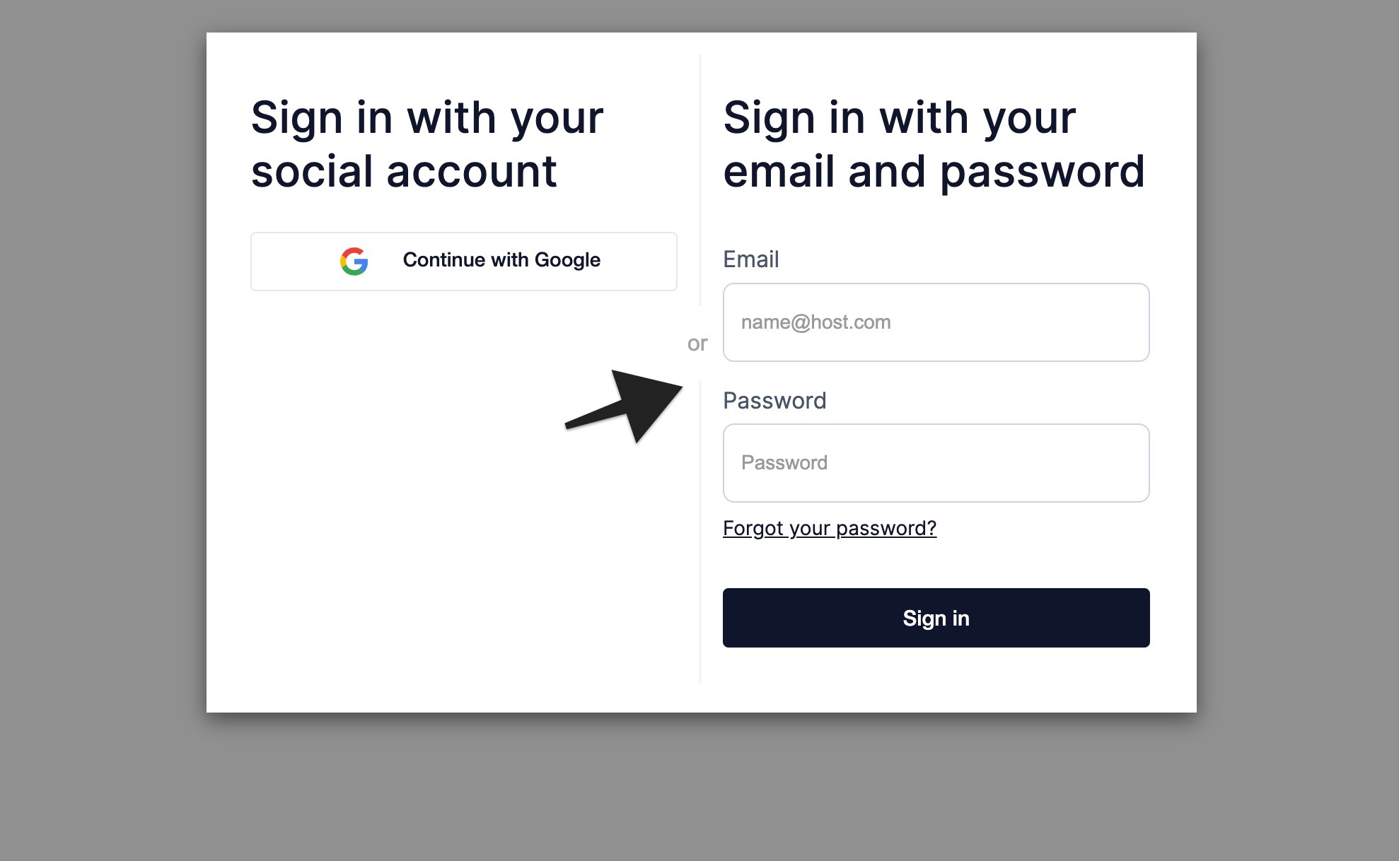 Login screen showing options to sign in with Google or with an email and password, with an arrow pointing to the separator line between the two methods.