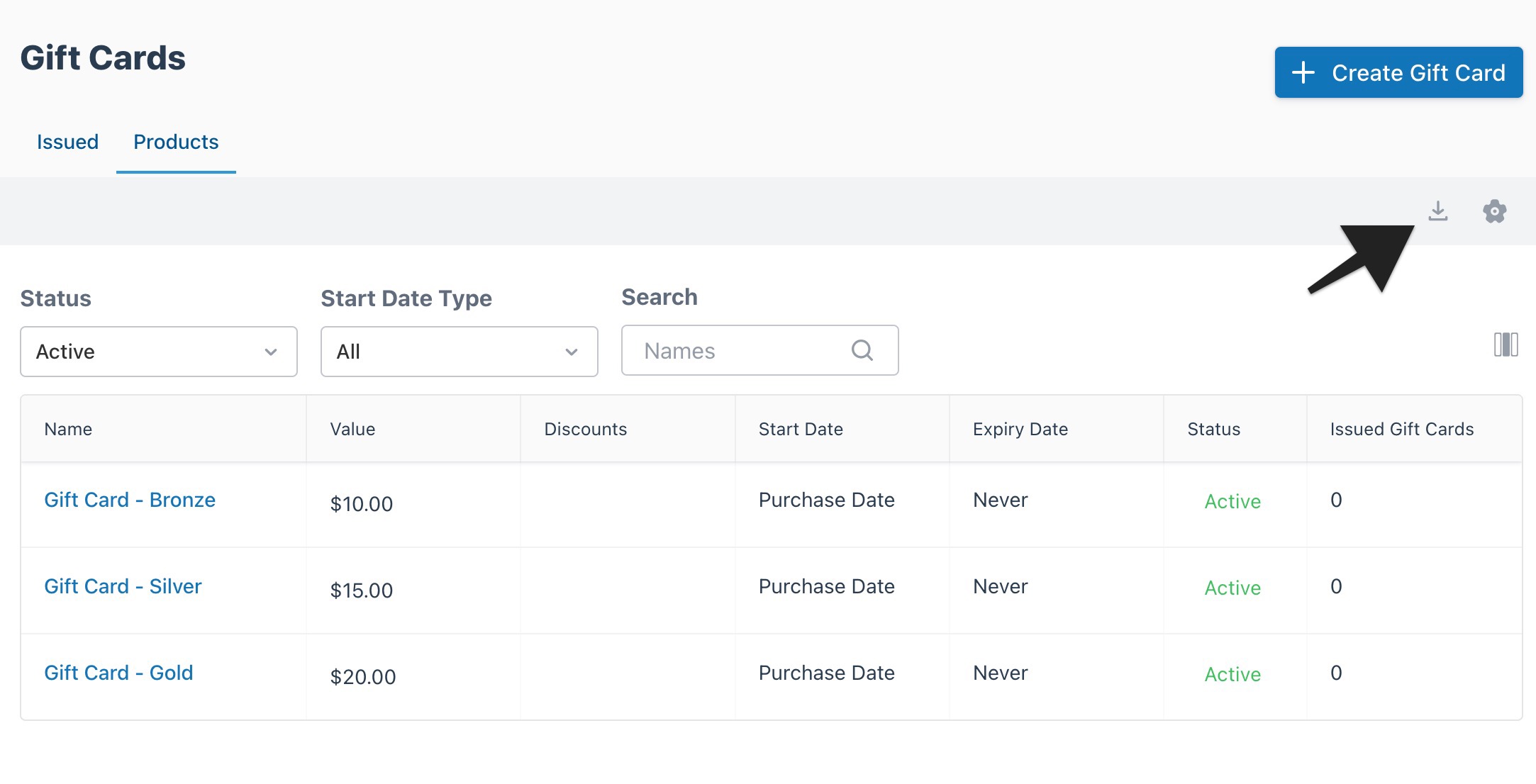 Gift cards products page with export icon highlighted.
