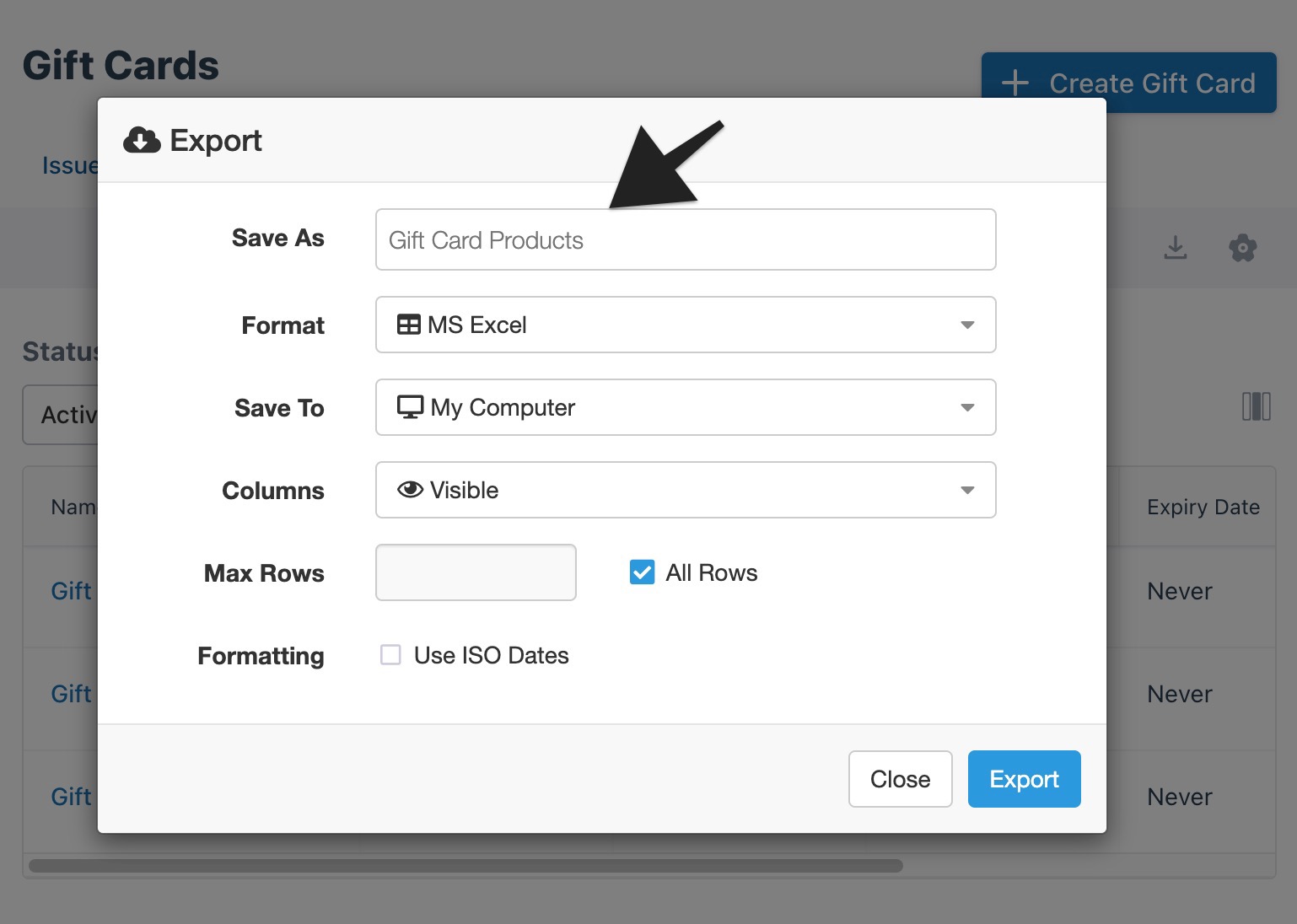 Gift cards export modal with Save As field highlighted.