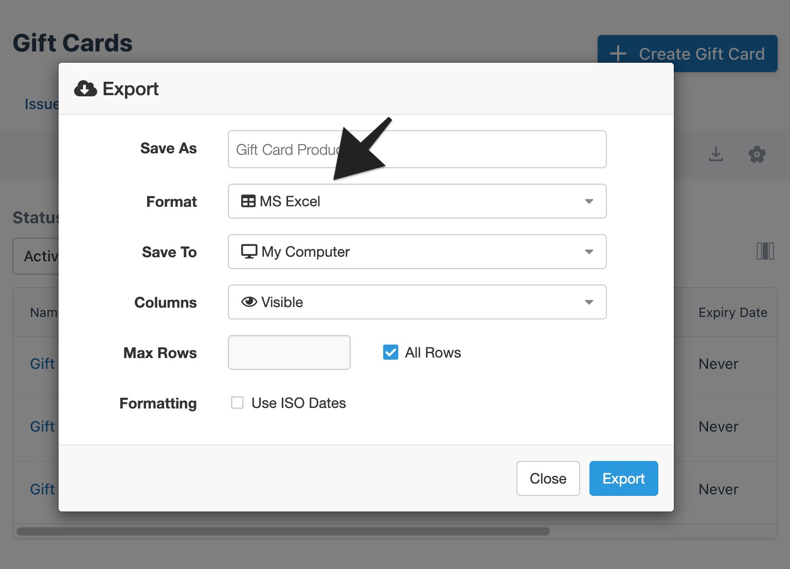 Gift cards export modal with MS Excel format option highlighted.