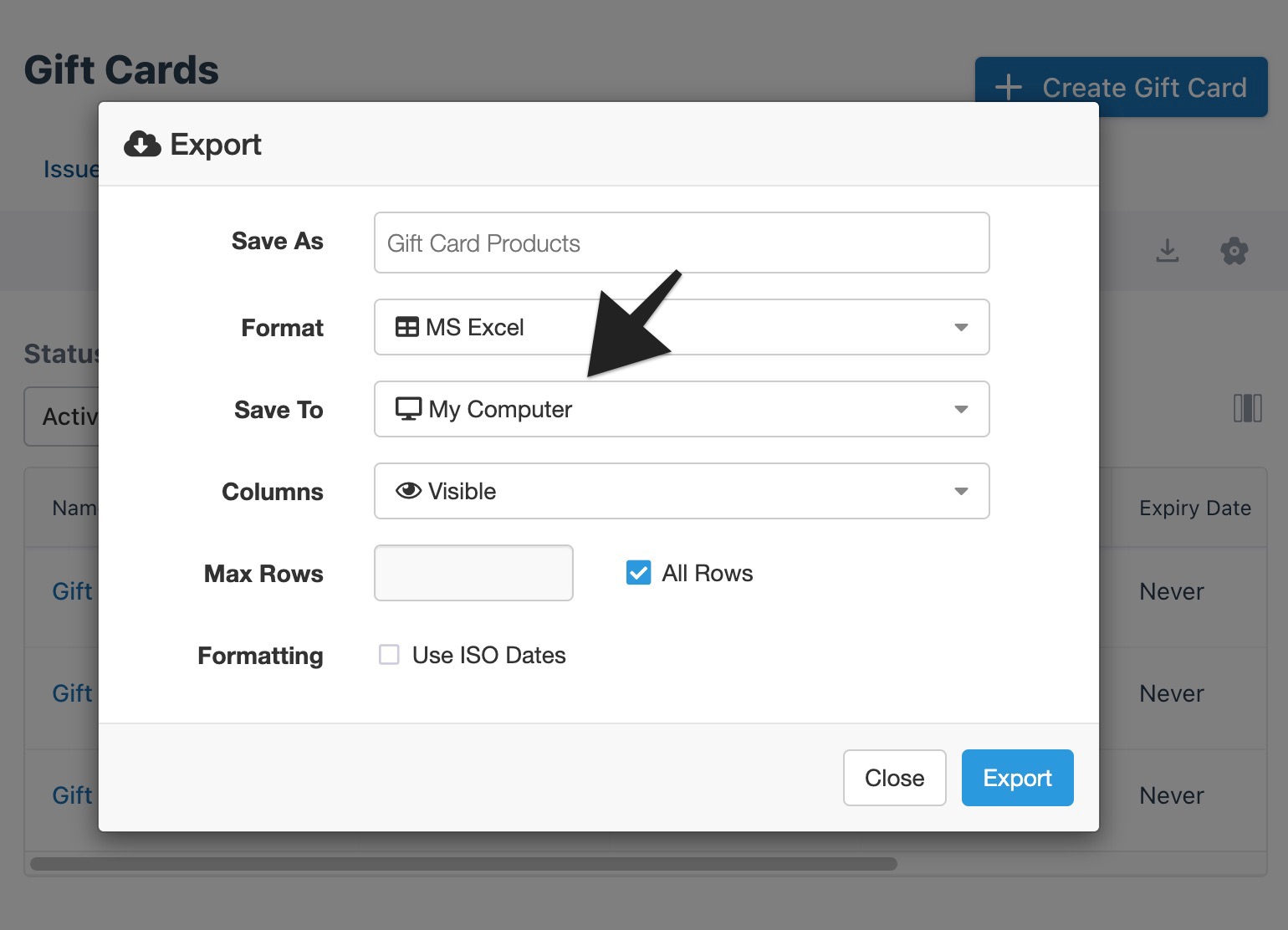 Gift cards export modal with Save To My Computer option highlighted.