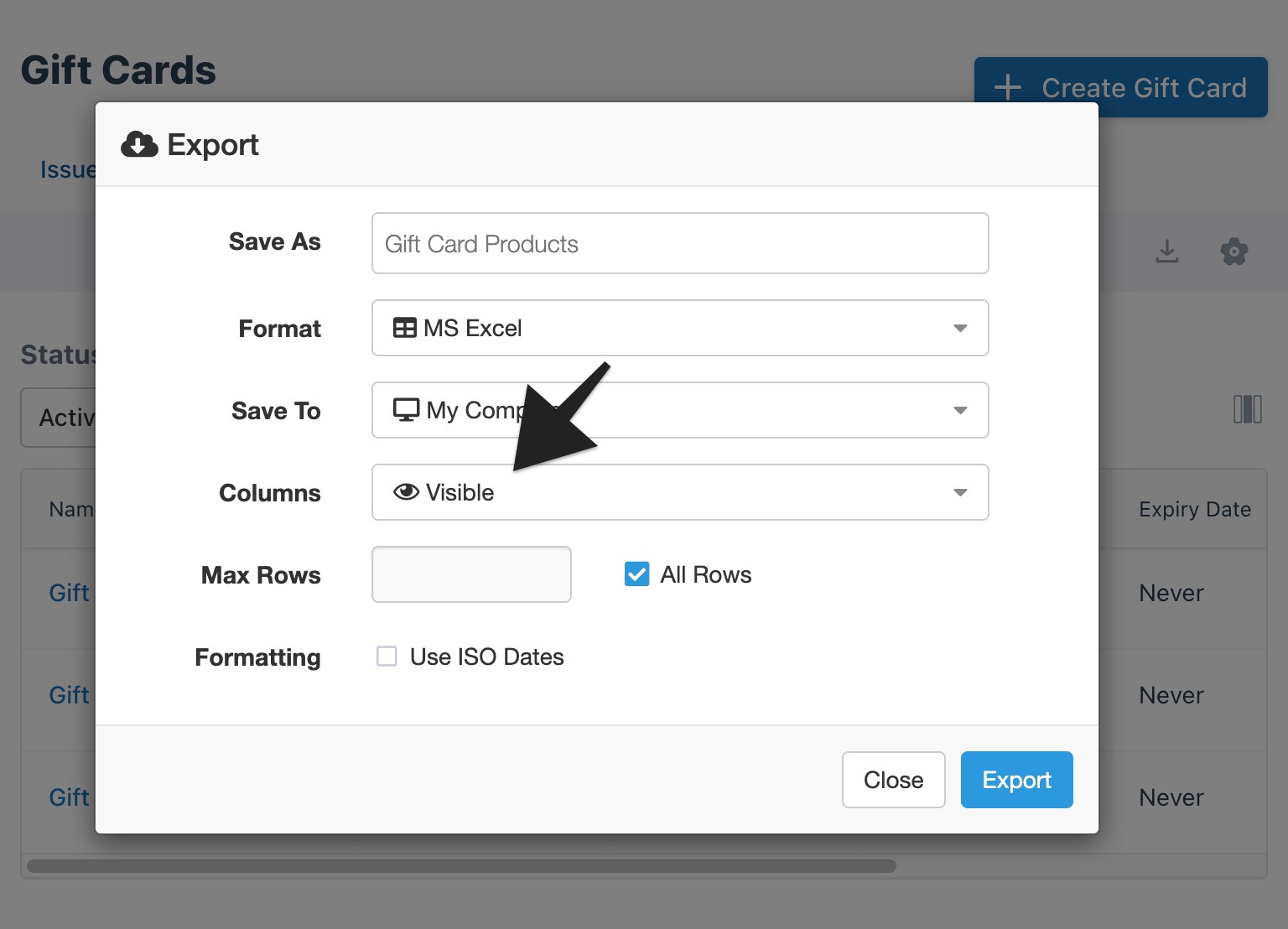 Gift cards export modal with visible columns option highlighted.