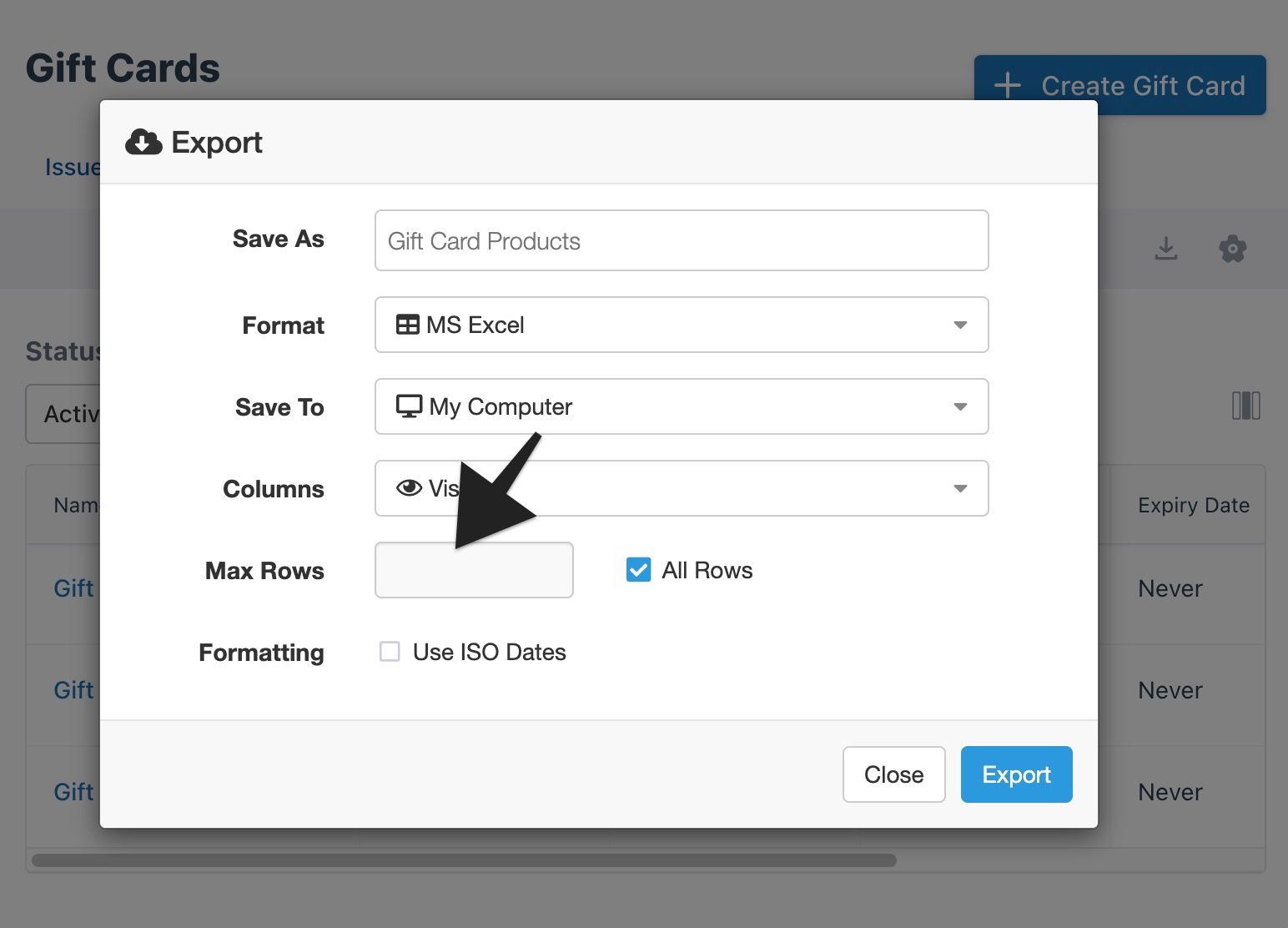 Gift cards export modal with Max Rows option highlighted.