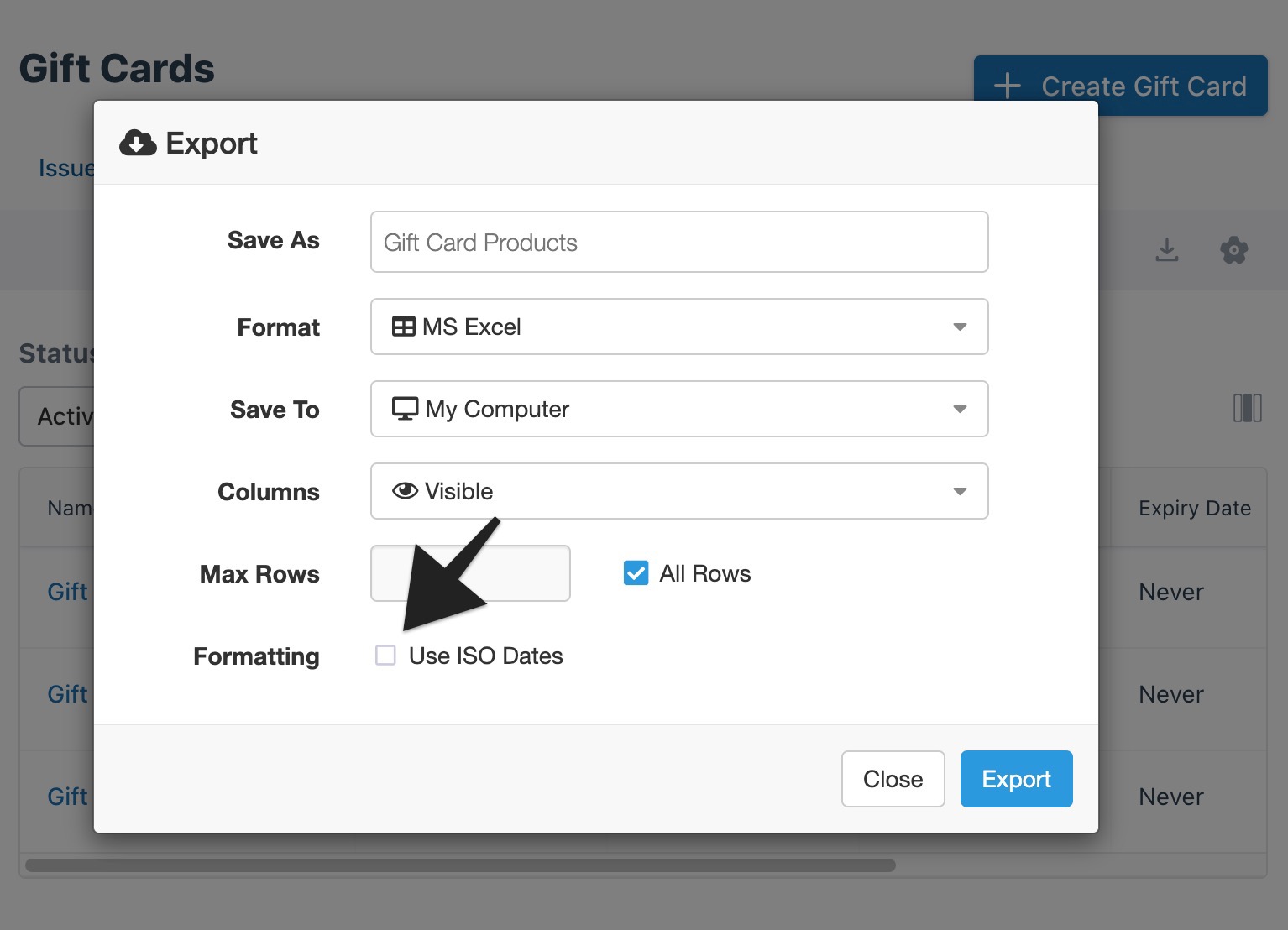 Gift cards export modal with Use ISO Dates option highlighted.