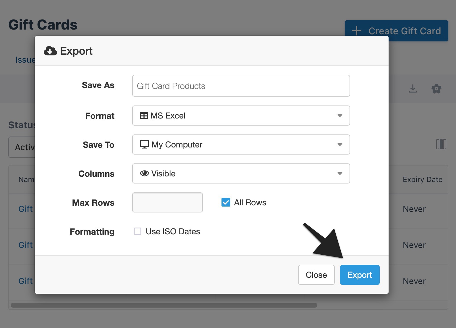 Gift cards product page with export button highlighted.