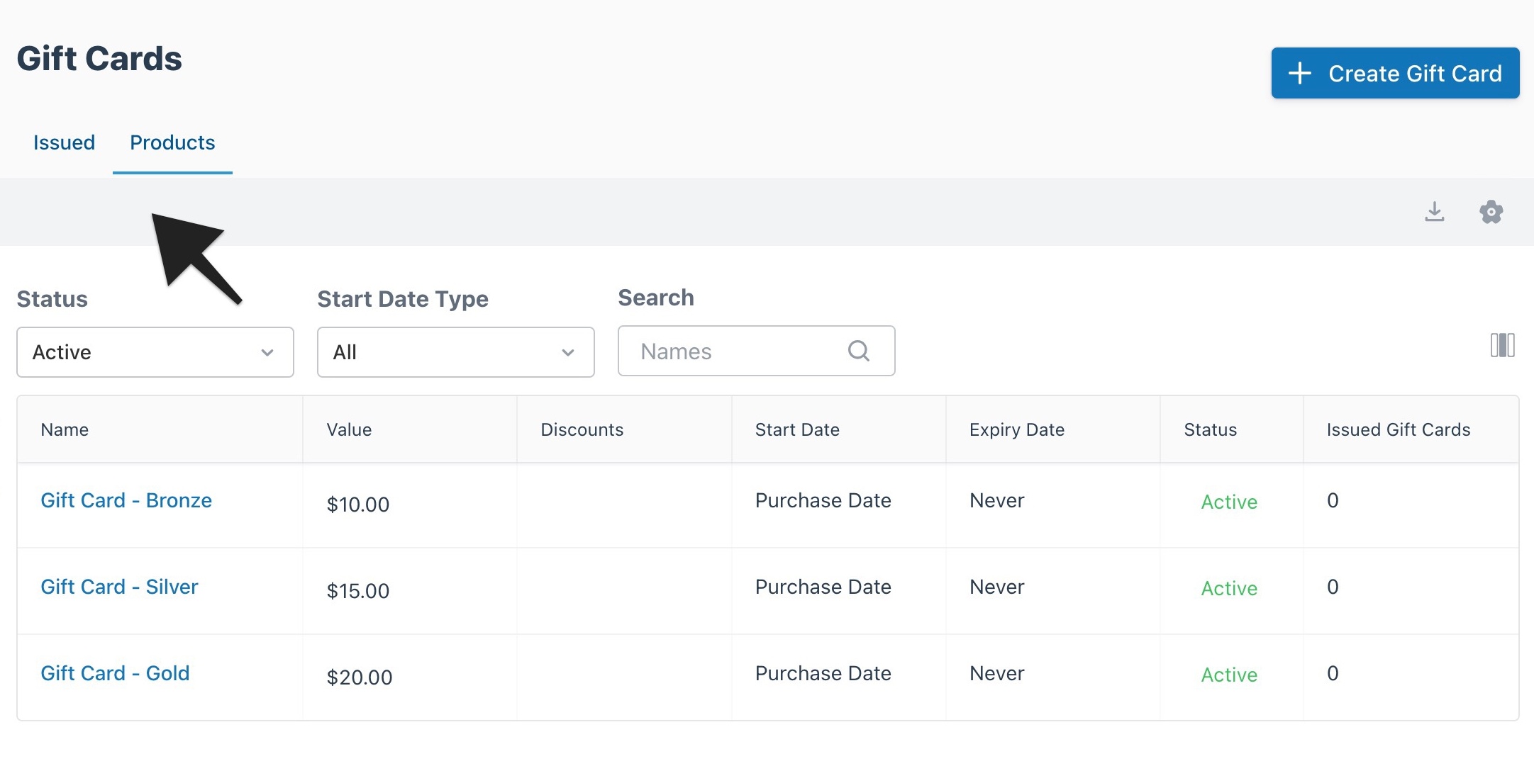 Gift card products tab selected in issued gift cards view showing bronze, silver, and gold cards listed with values and status.