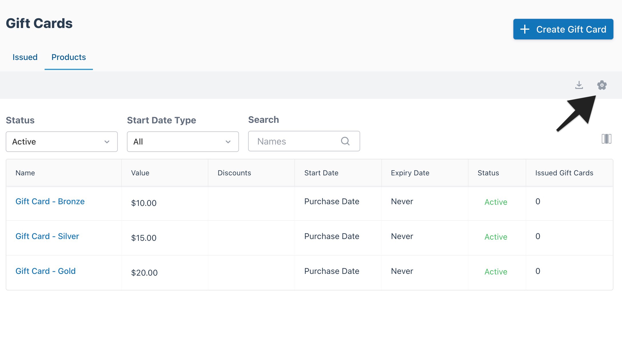 Gift cards product tab view with gear settings icon highlighted.