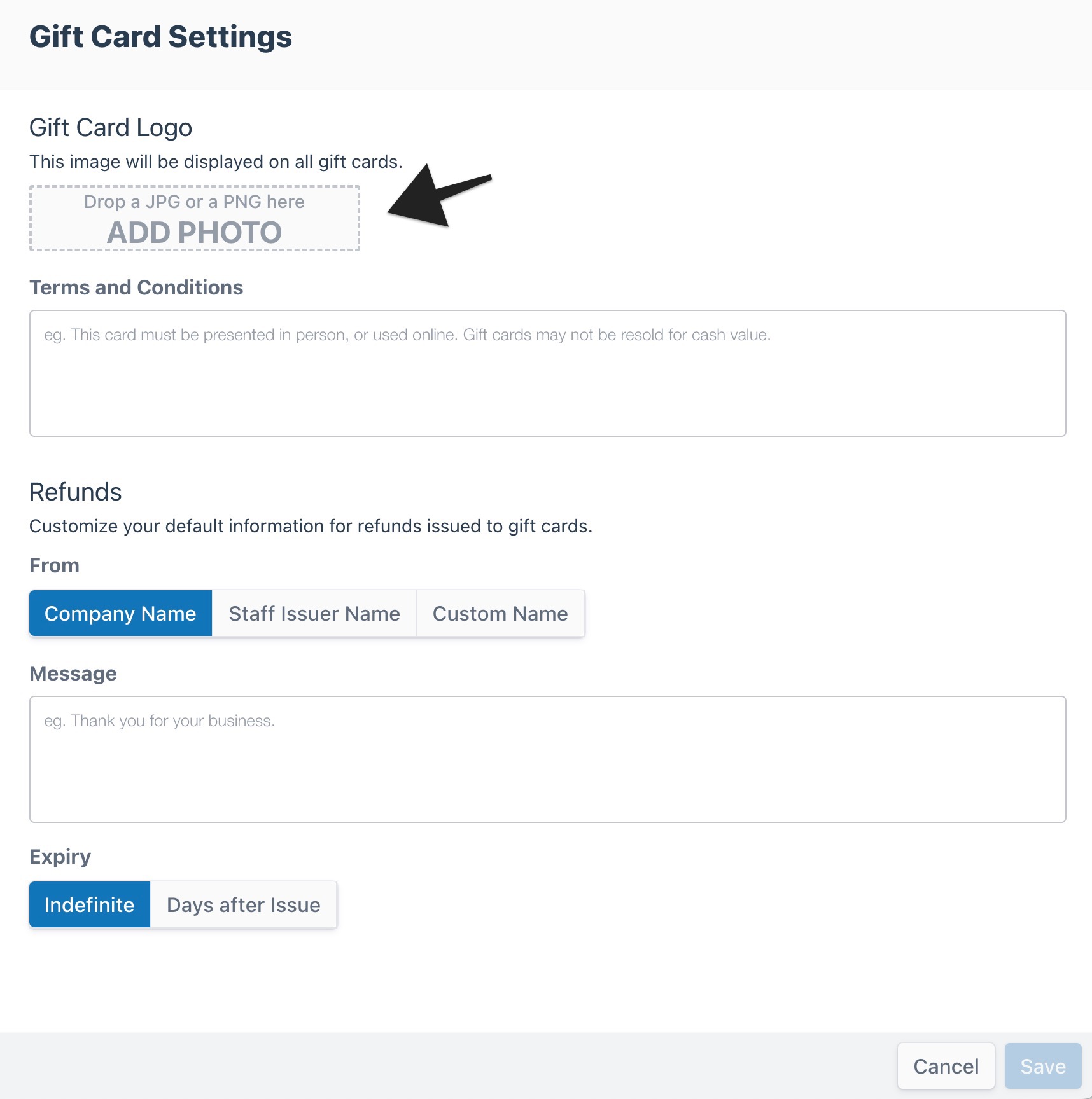 Gift card settings page showing option to add a gift card logo with Add Photo button highlighted