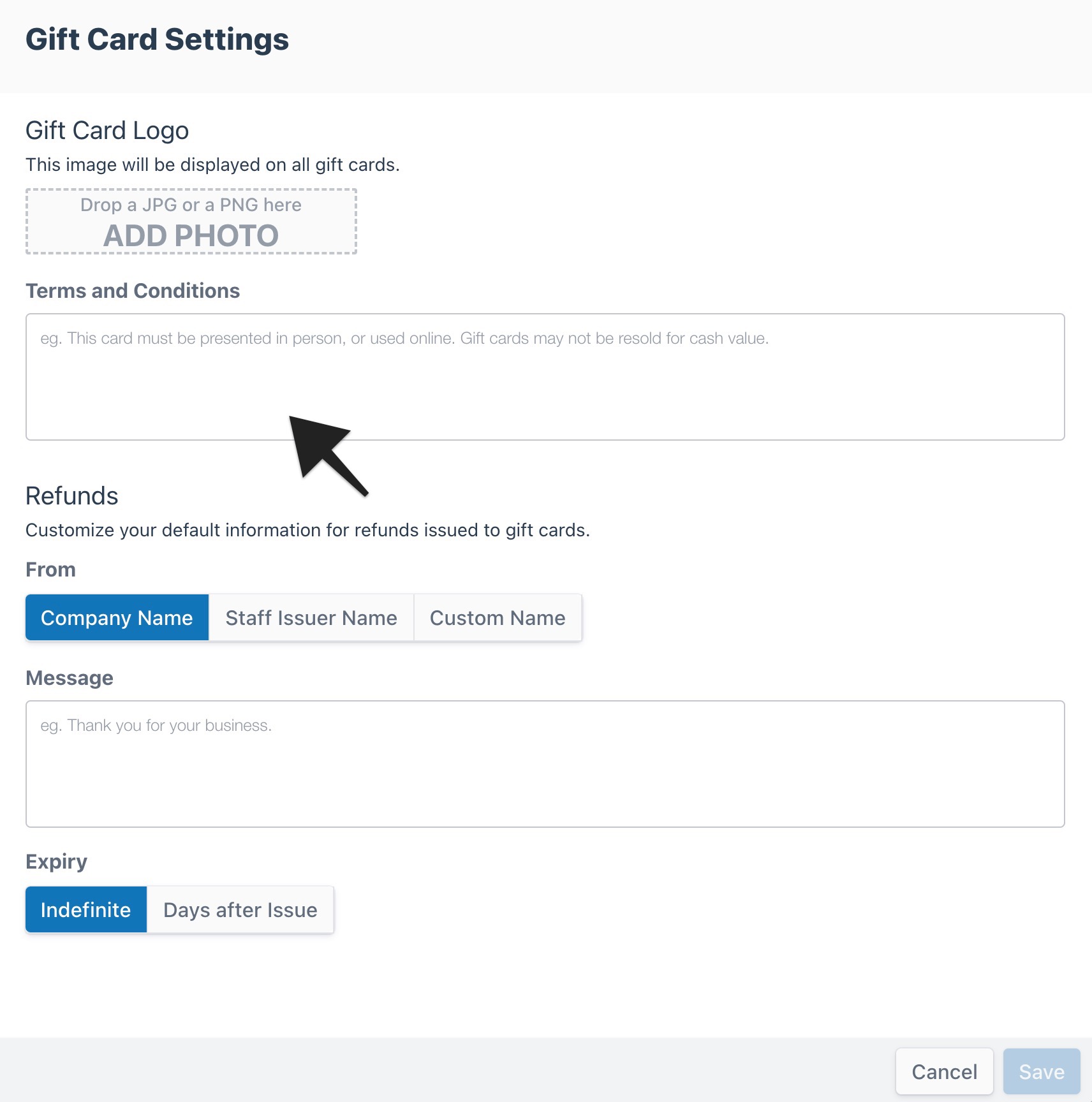 Gift card settings page with arrow pointing to terms and conditions text field for entering custom rules.