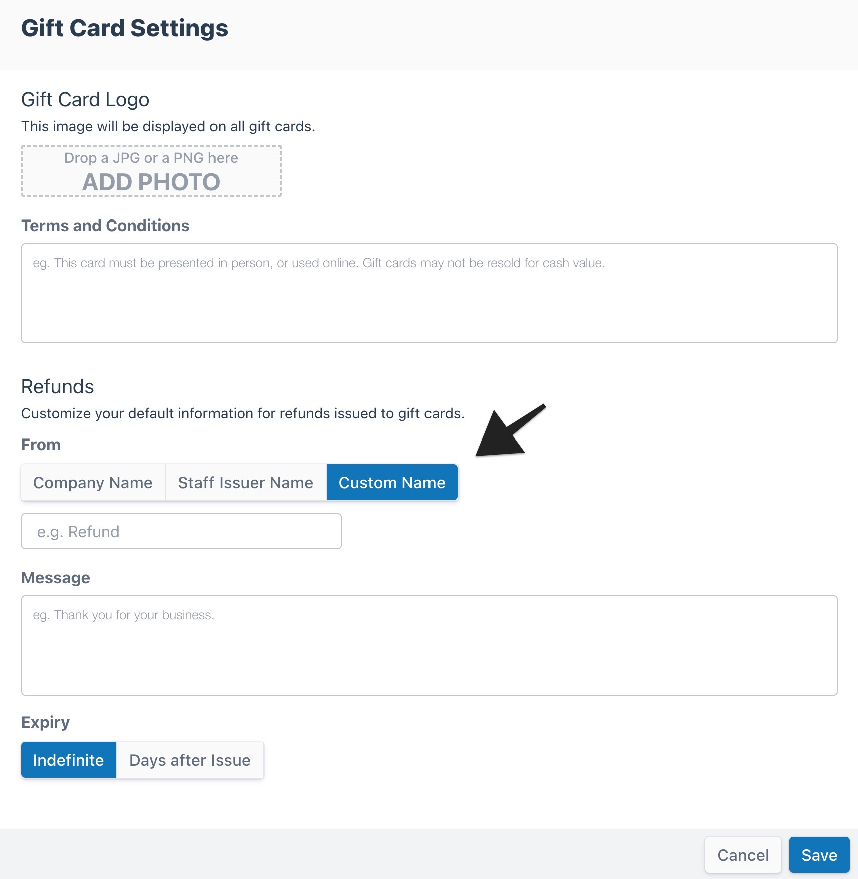 Gift card settings with refund information set to from custom name highlighted.