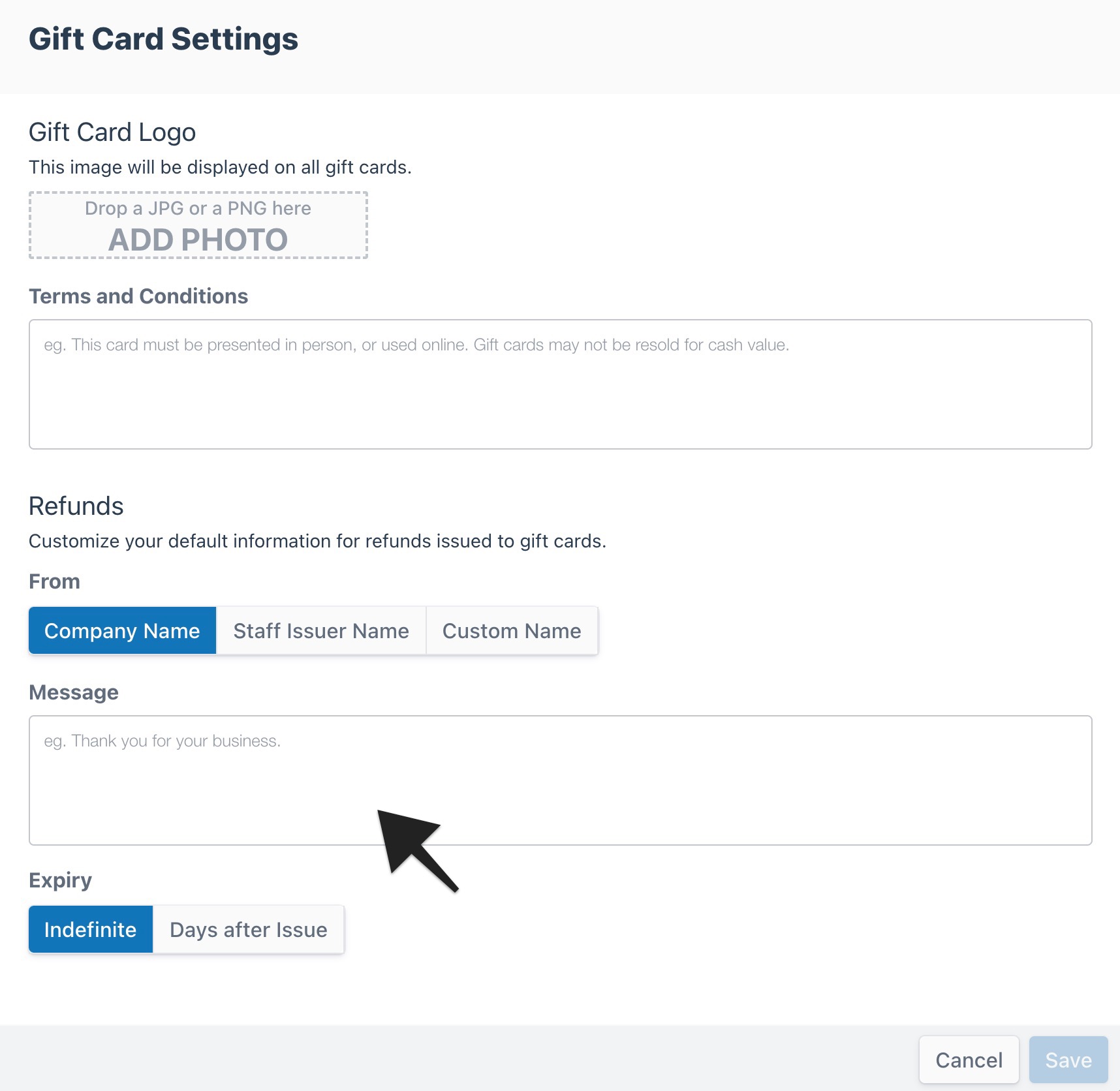 Gift card settings with default refund message text field highlighted.
