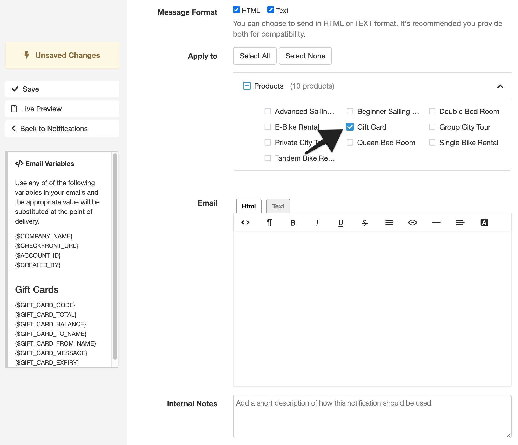 Gift card notification settings screen showing message format and product selection with Gift Card option checked.