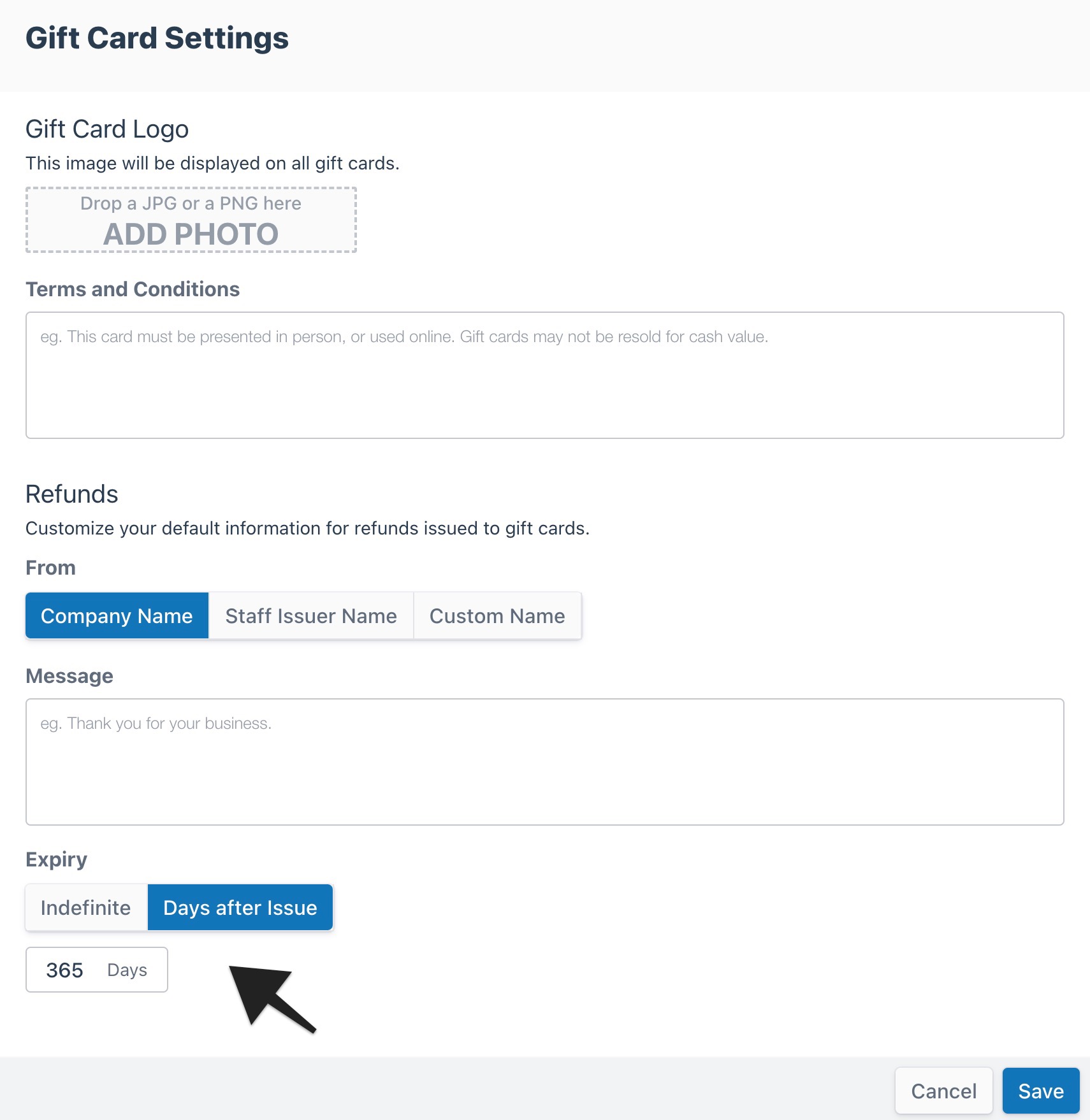 Gift card settings with expiry option set to days after issue highlighted and 365 days entered.