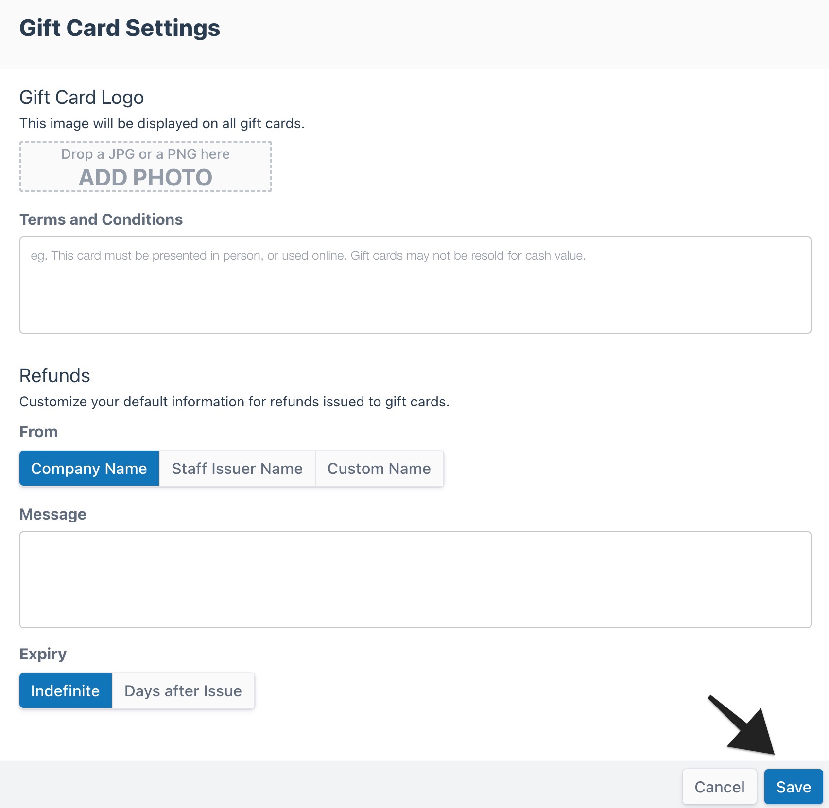Gift card settings with save button highlighted.