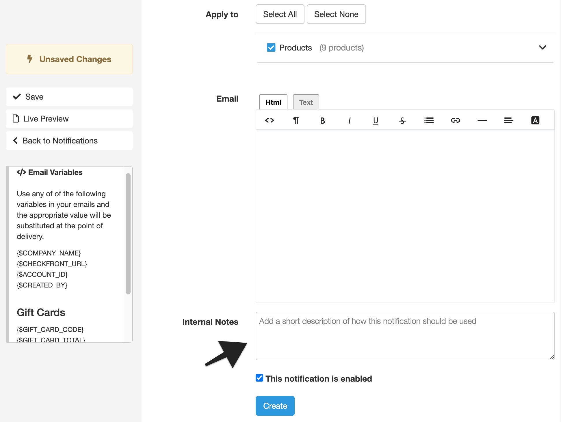 Annotation highlighting the “Internal Notes” field, used to add private notes visible only to staff.