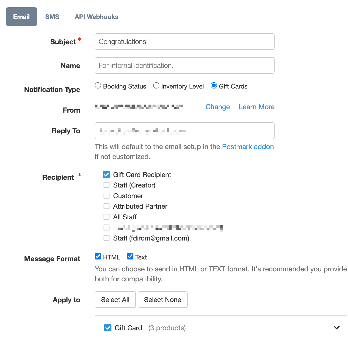 Gift card notification setup with Subject Congratulations and Gift Card Recipient selected