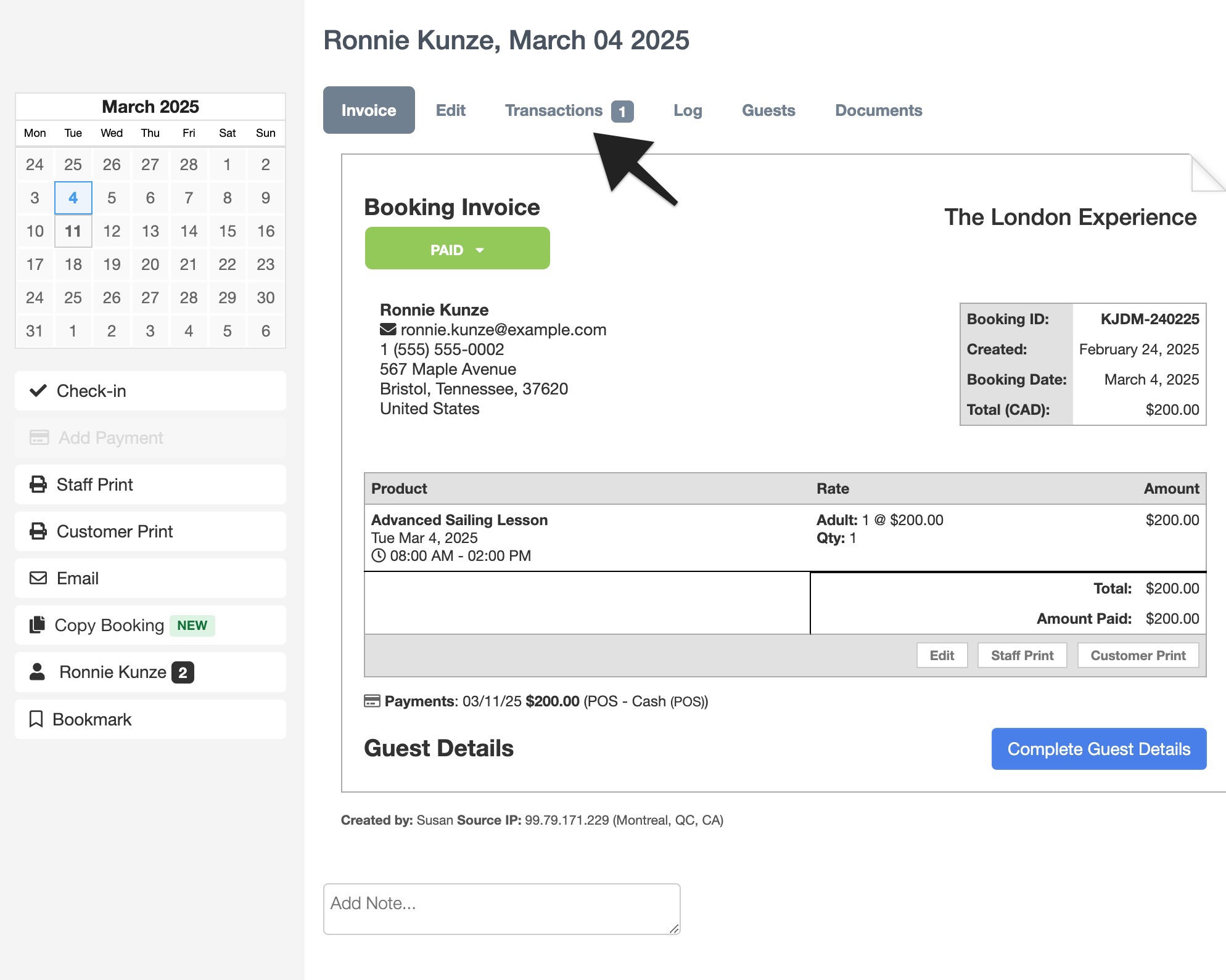 Gift cards invoice screen with transactions tab selected, displaying booking invoice and payment record for March 4, 2025.
