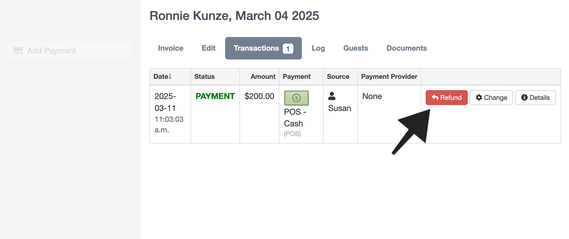 Gift cards invoice transaction screen with refund button highlighted in red for a $200 payment.