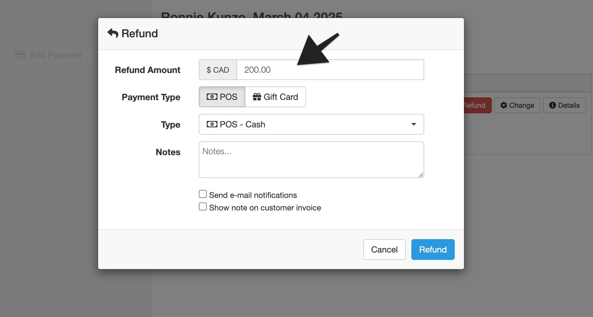 Refund screen in gift cards invoice showing refund amount field highlighted with $200 entered.