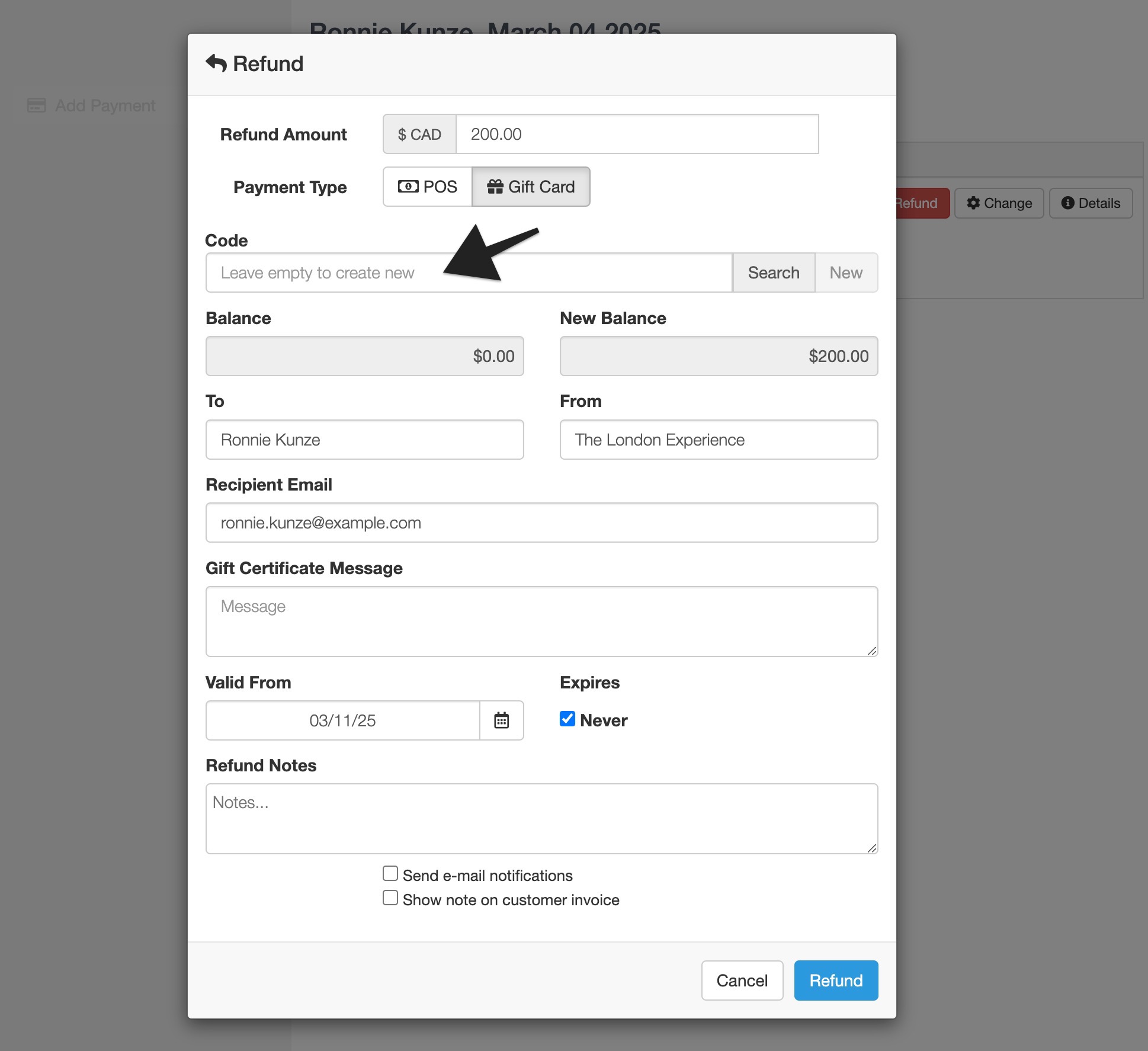 Refund dialog in gift cards invoice showing code entry field highlighted to create or search gift card.