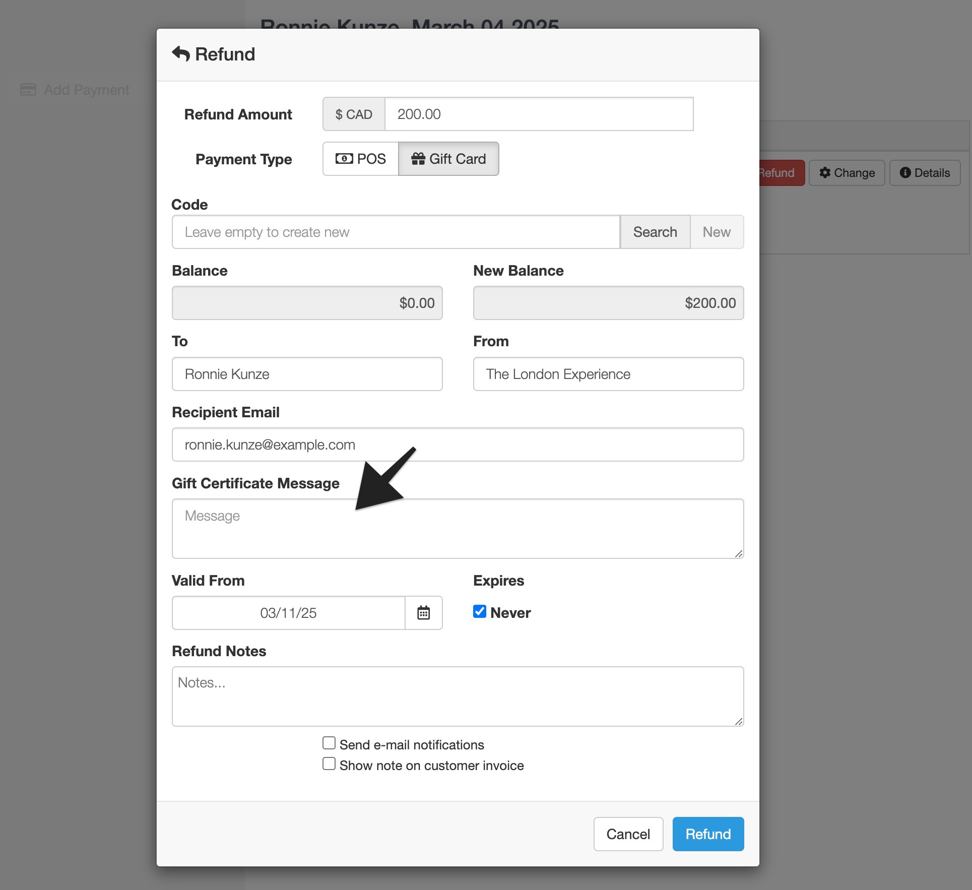 Refund dialog in gift cards invoice showing gift certificate message field highlighted.