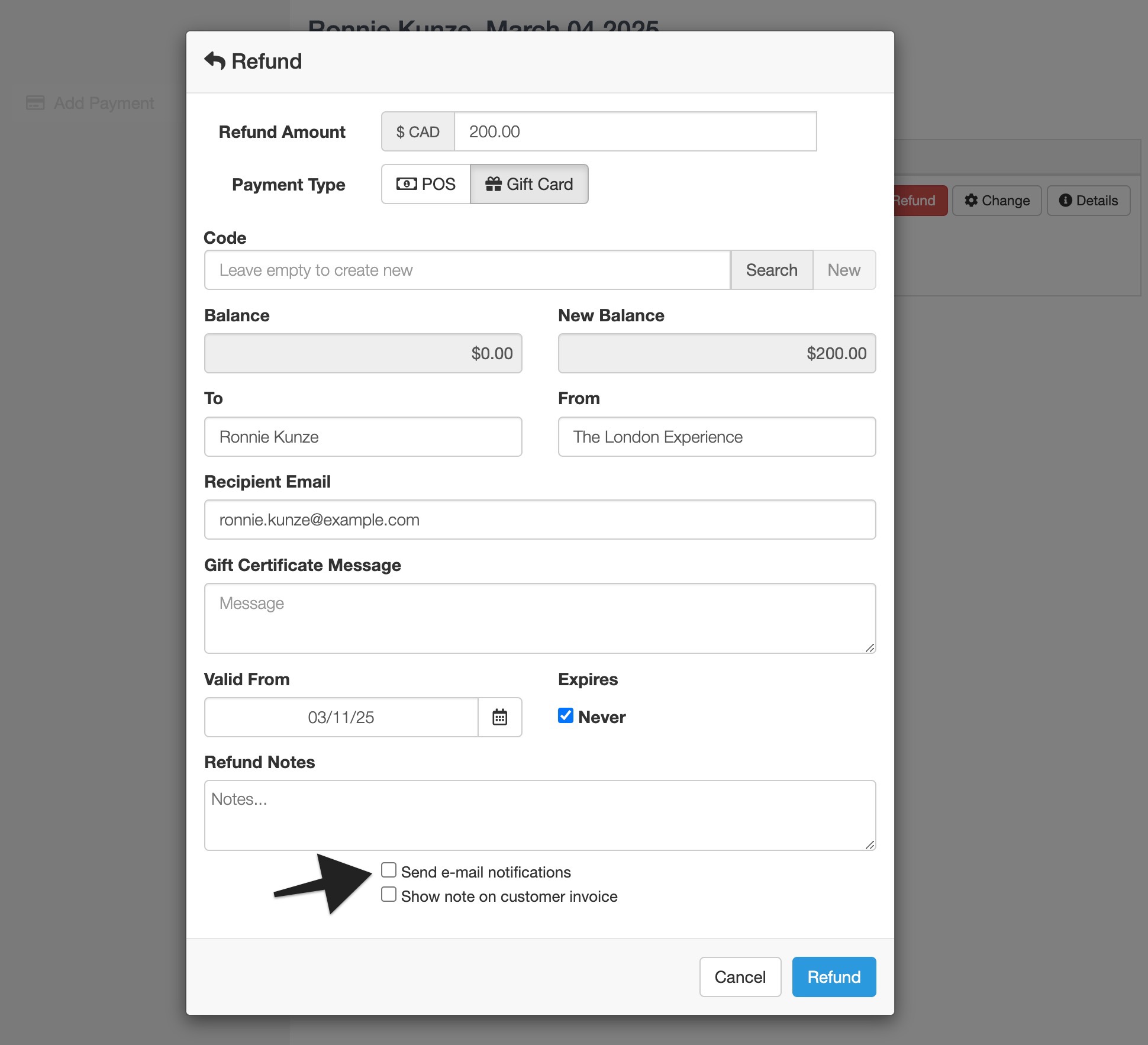 Refund dialog in gift cards invoice showing email notification checkbox highlighted.